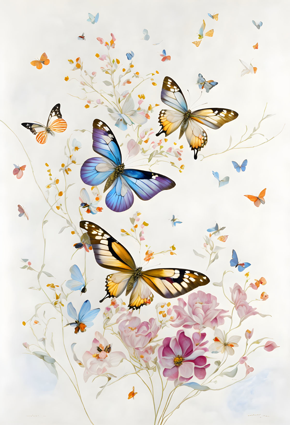 Colorful butterflies fluttering around pink flowers on a pale background.