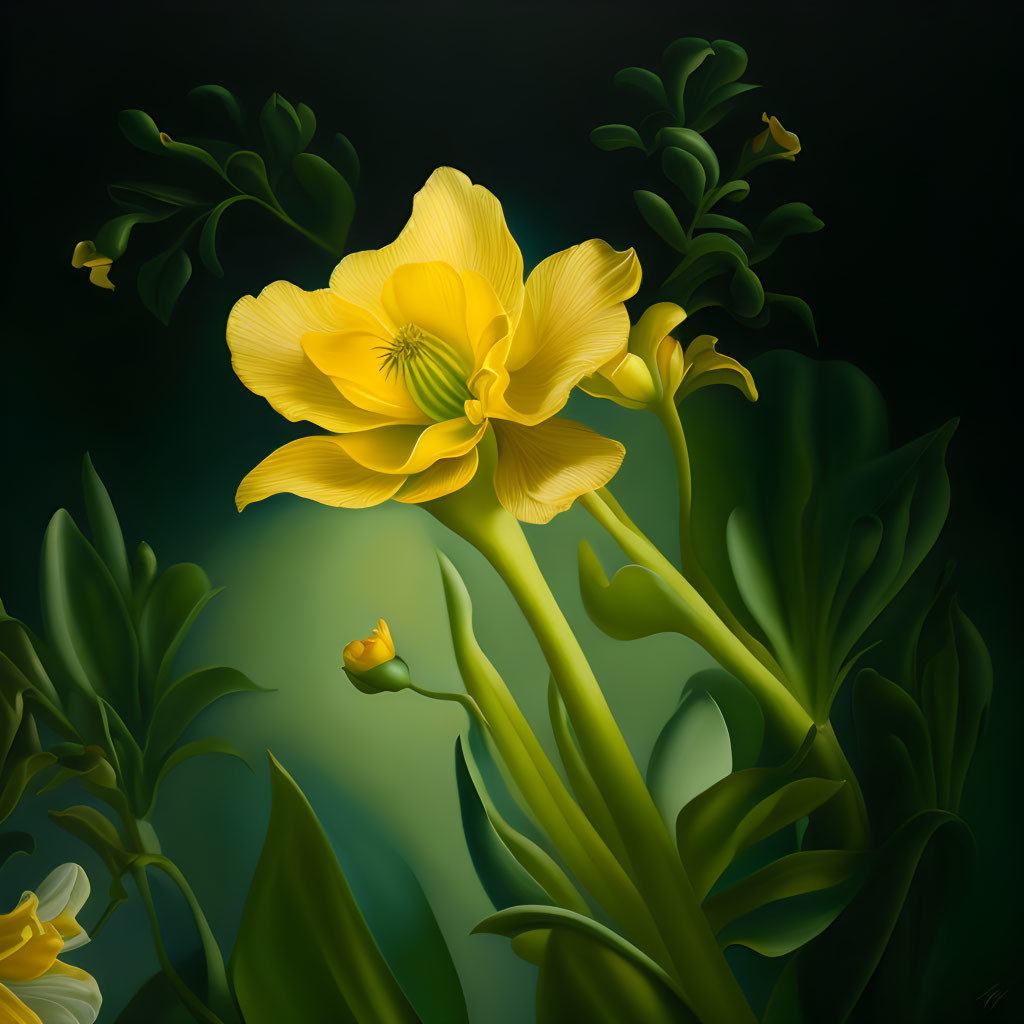 Vibrant digital painting of yellow flower with green leaves on dark background