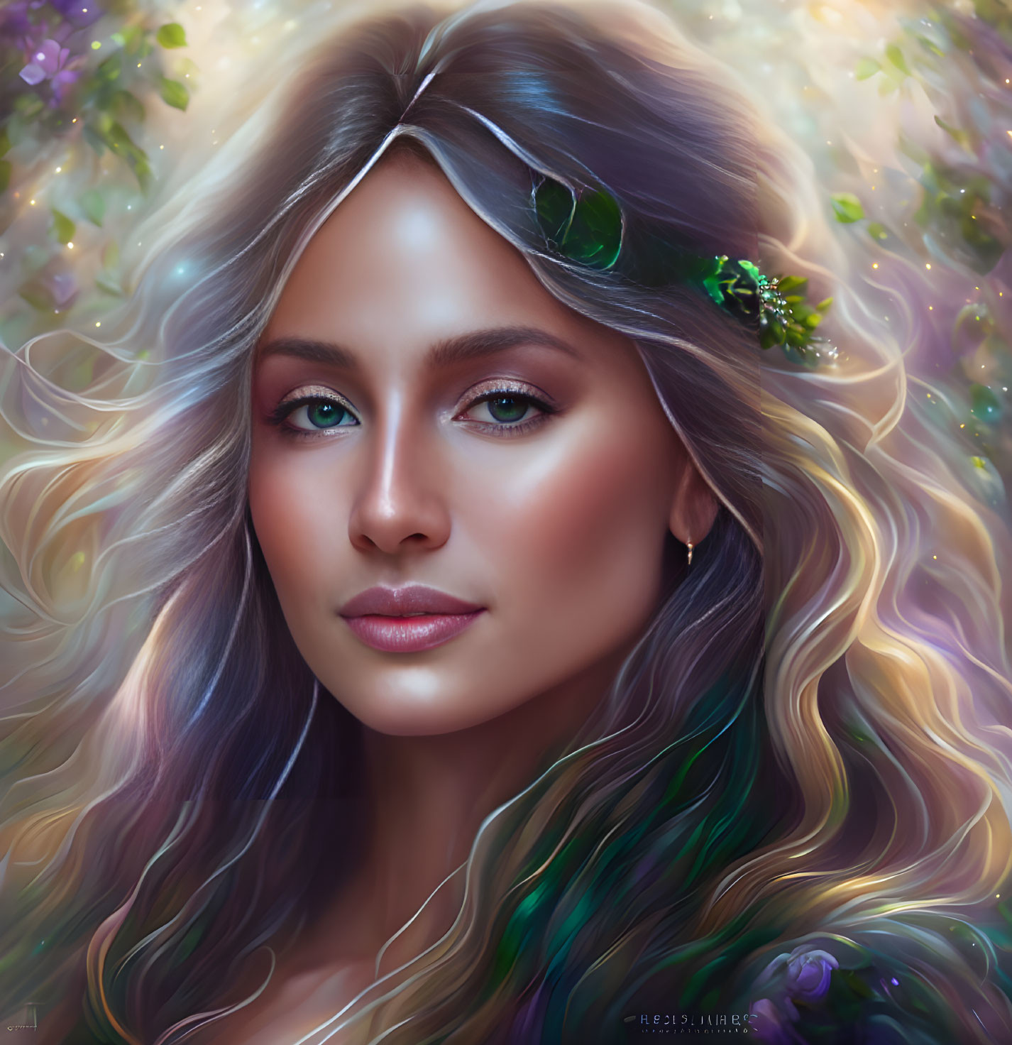 Multicolored hair woman with jeweled headpiece in mystical setting