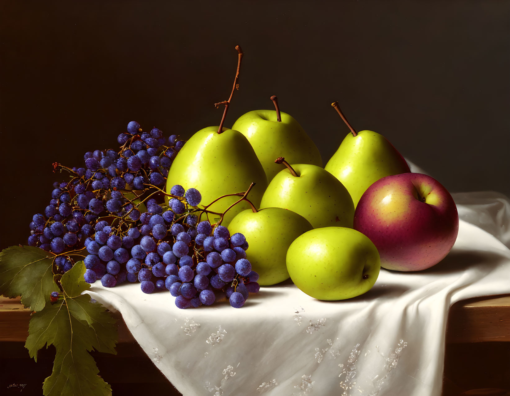 Still life with green pears, blue grapes, and red apple on white cloth