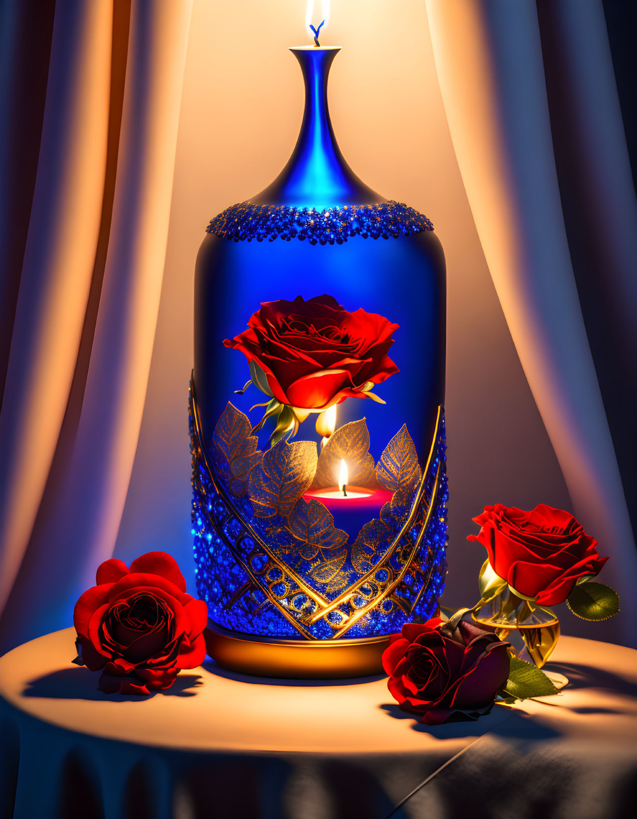 Blue Vase with Candlelight, Rose Cut-Out, and Fresh Roses