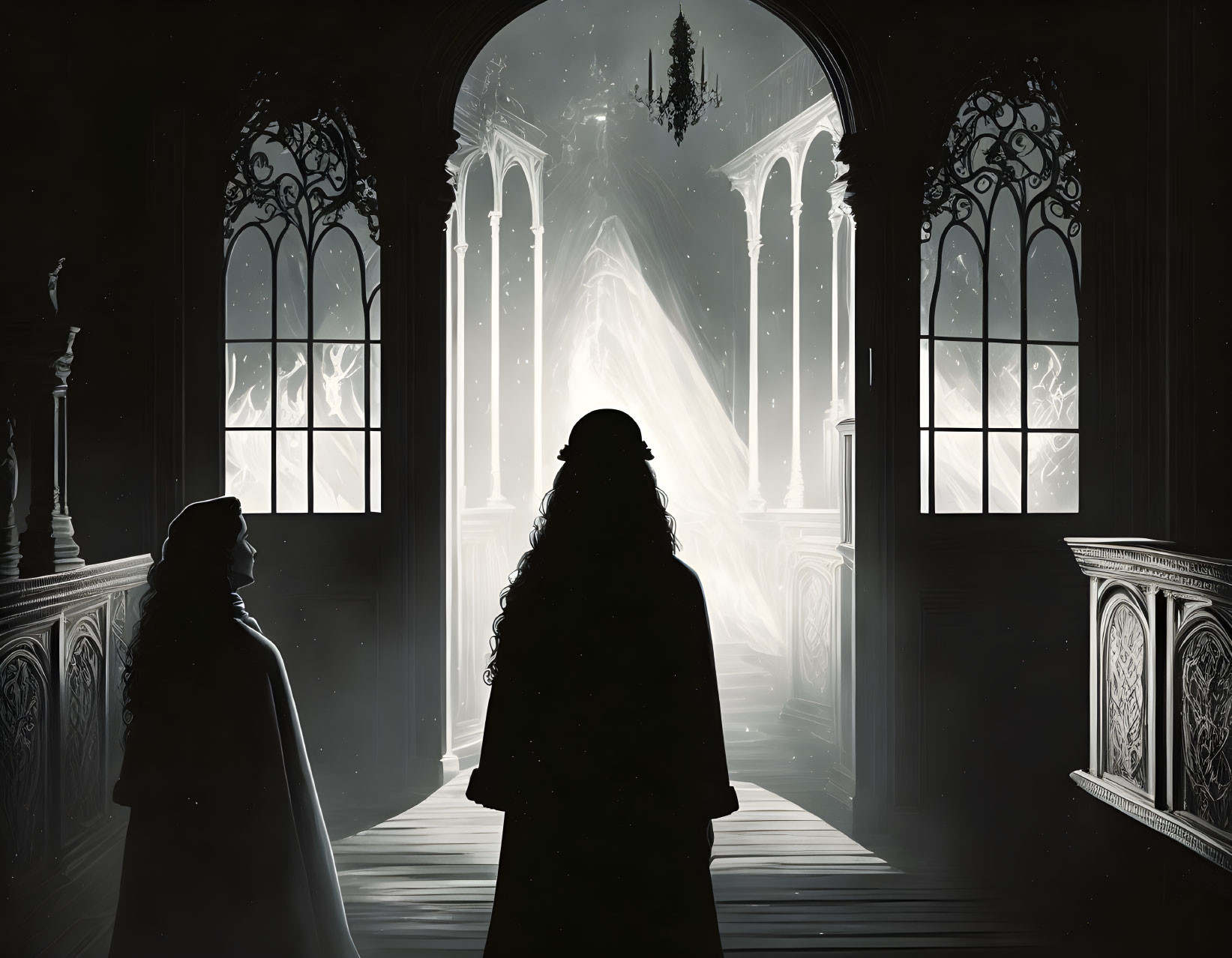 Silhouetted figures in grand gothic hall with dramatic lighting