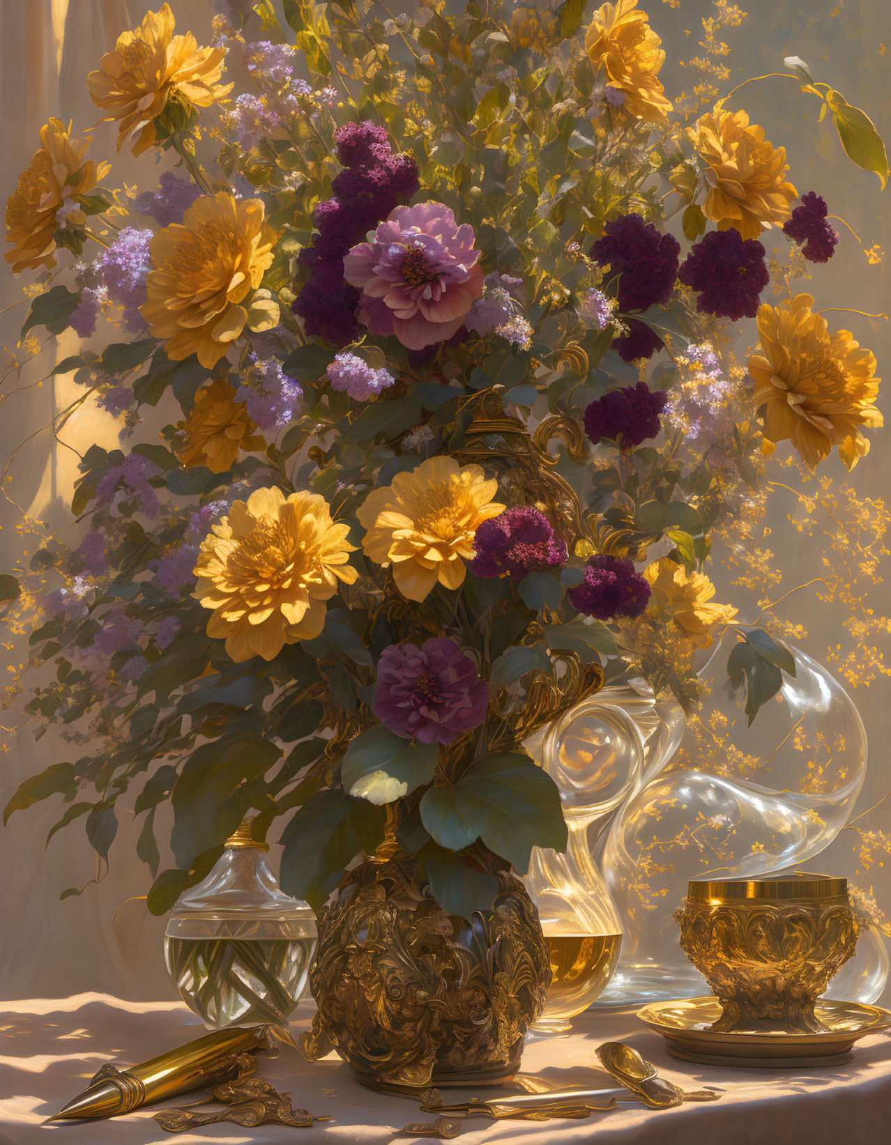 Vibrant flowers in decorative vase with glassware and cutlery in warm light