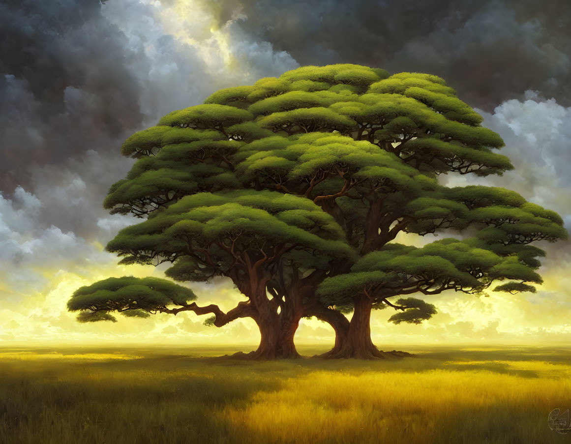 Majestic large tree with lush canopy under dramatic sky and warm sun glow