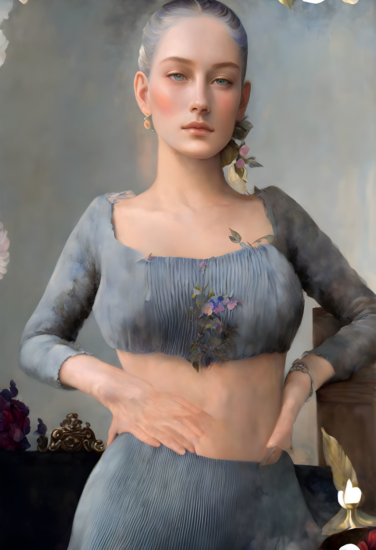 Digital artwork: Woman with flower in hair, wearing blue top with floral embroidery, against classical background.