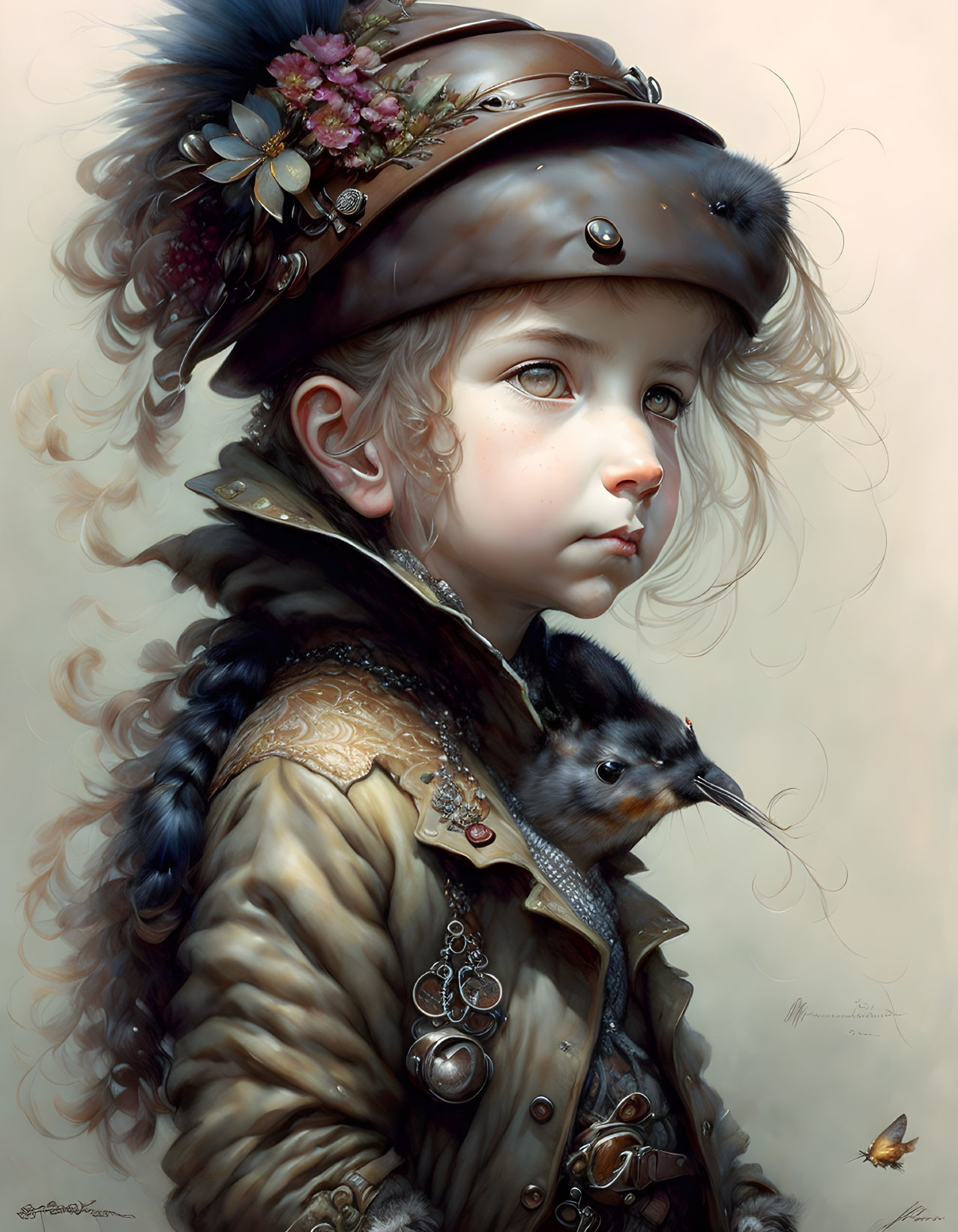 Young girl in Victorian attire with whimsical hat and bird shoulder companion