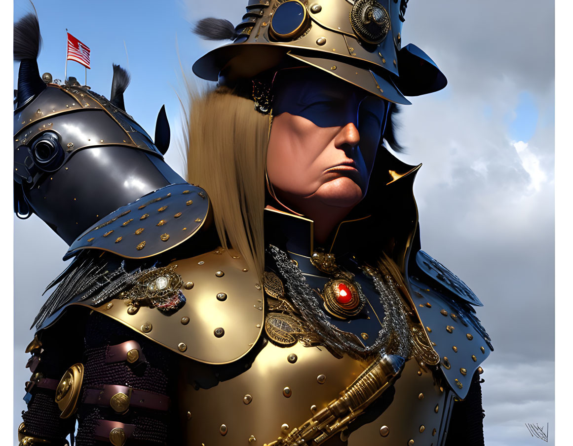 Detailed 3D Rendering of Warrior in Black and Gold Armor against Cloudy Sky