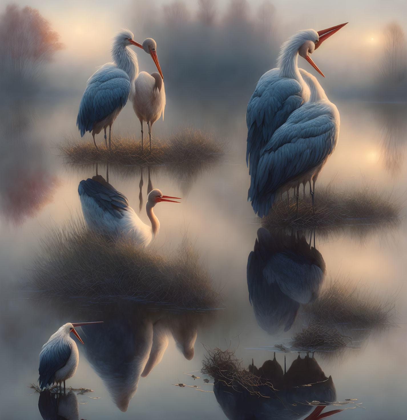 Four Herons Reflecting on Misty Waters at Dusk