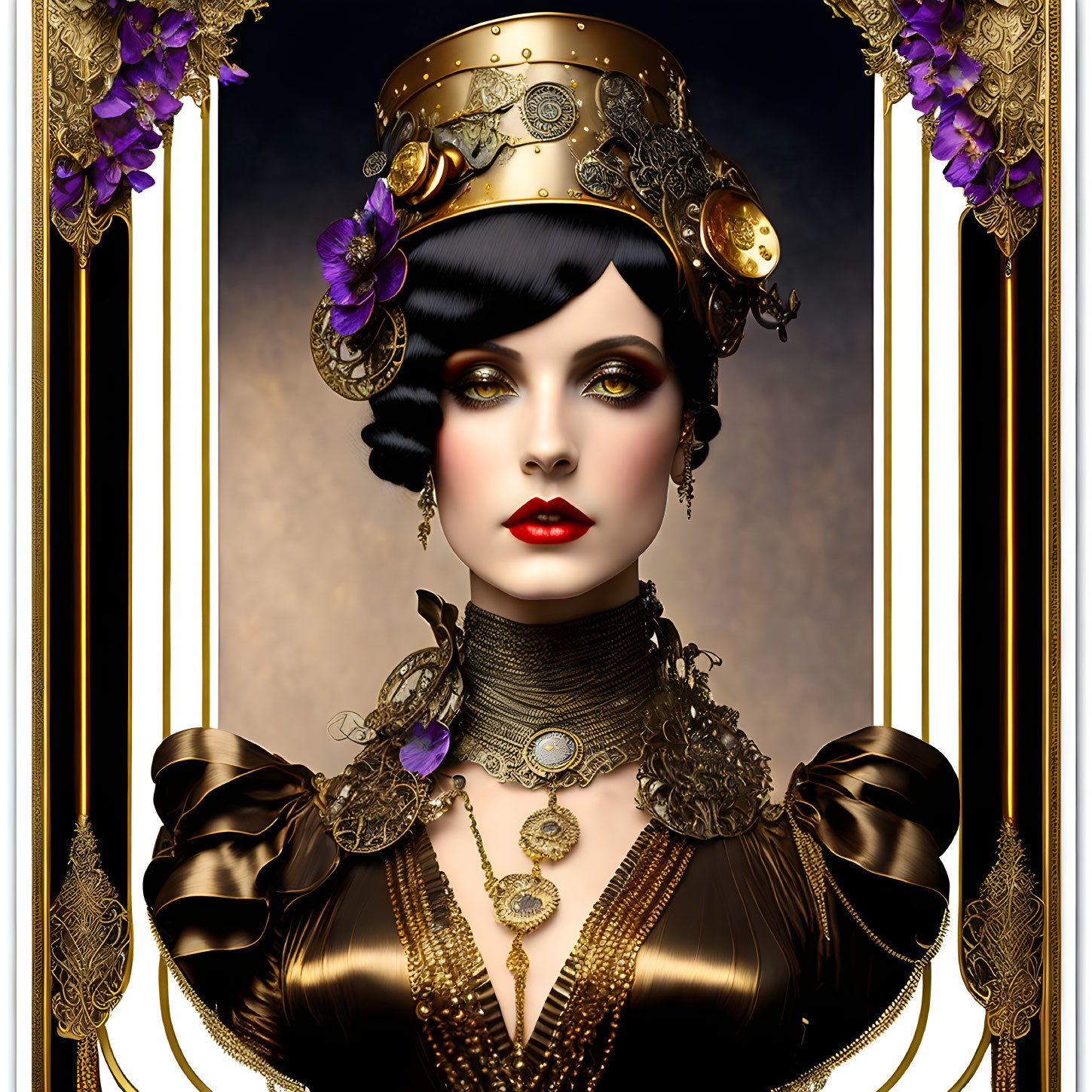 Regal woman portrait with adorned headdress and gold jewelry