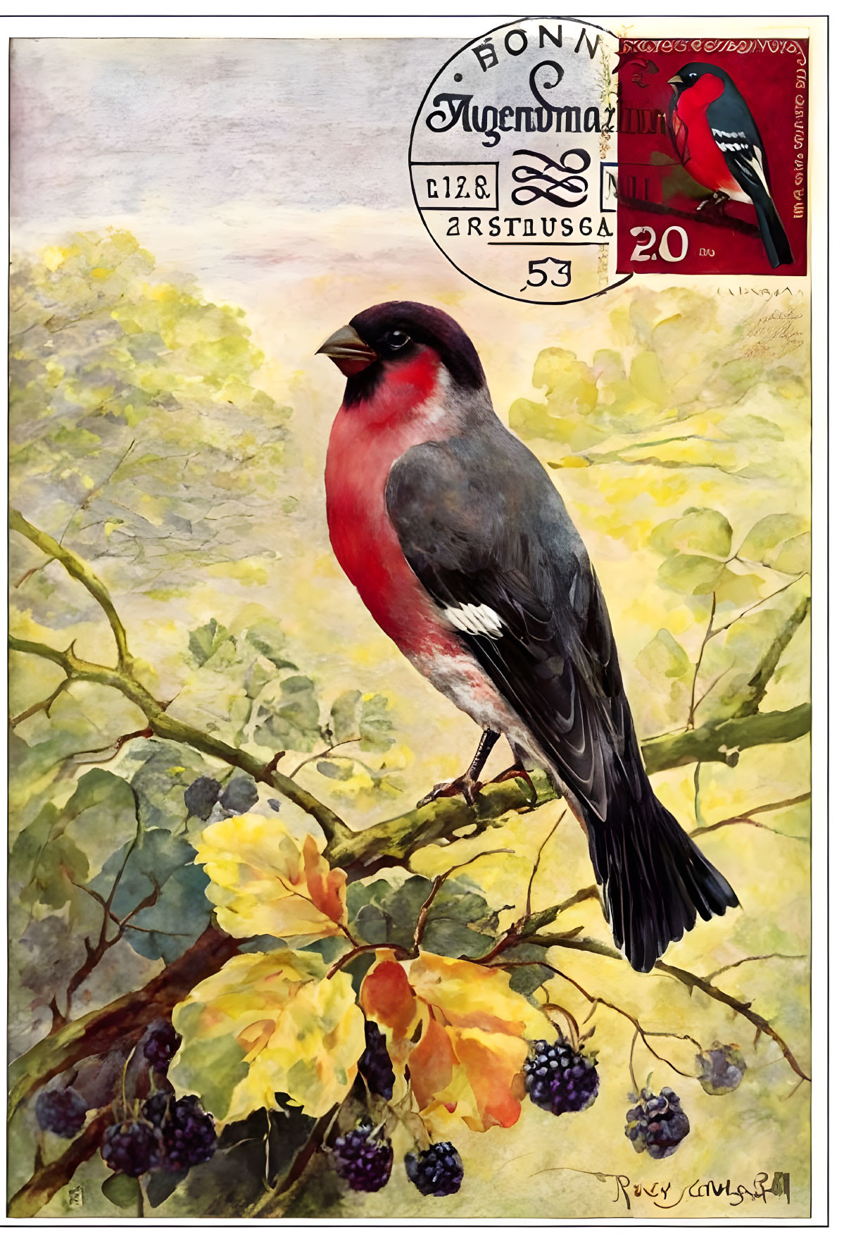 Vintage-style Red and Black Bird Illustration with Floral Branch and Postal Stamp