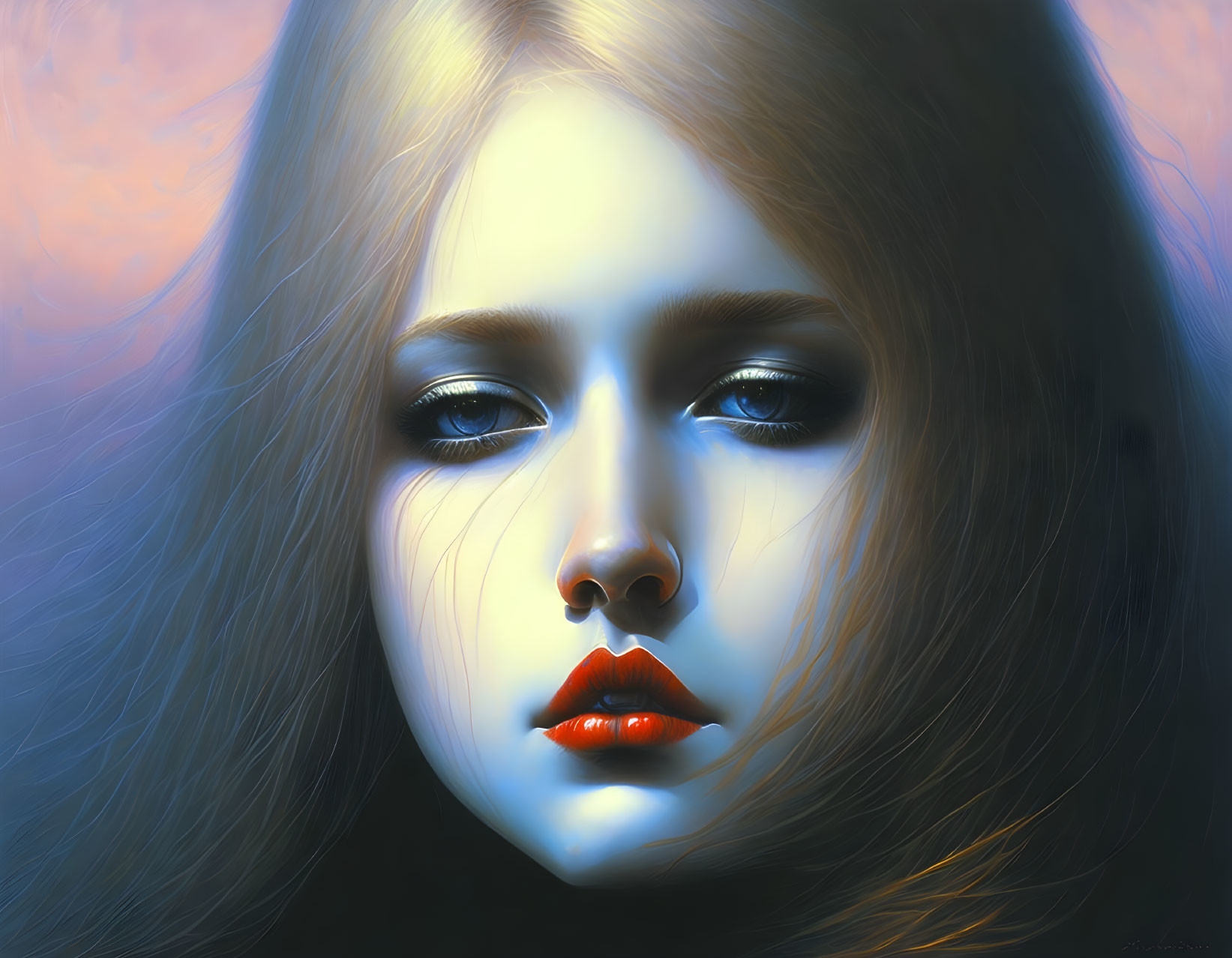 Serene digital artwork of a woman with blue eyes and red lips