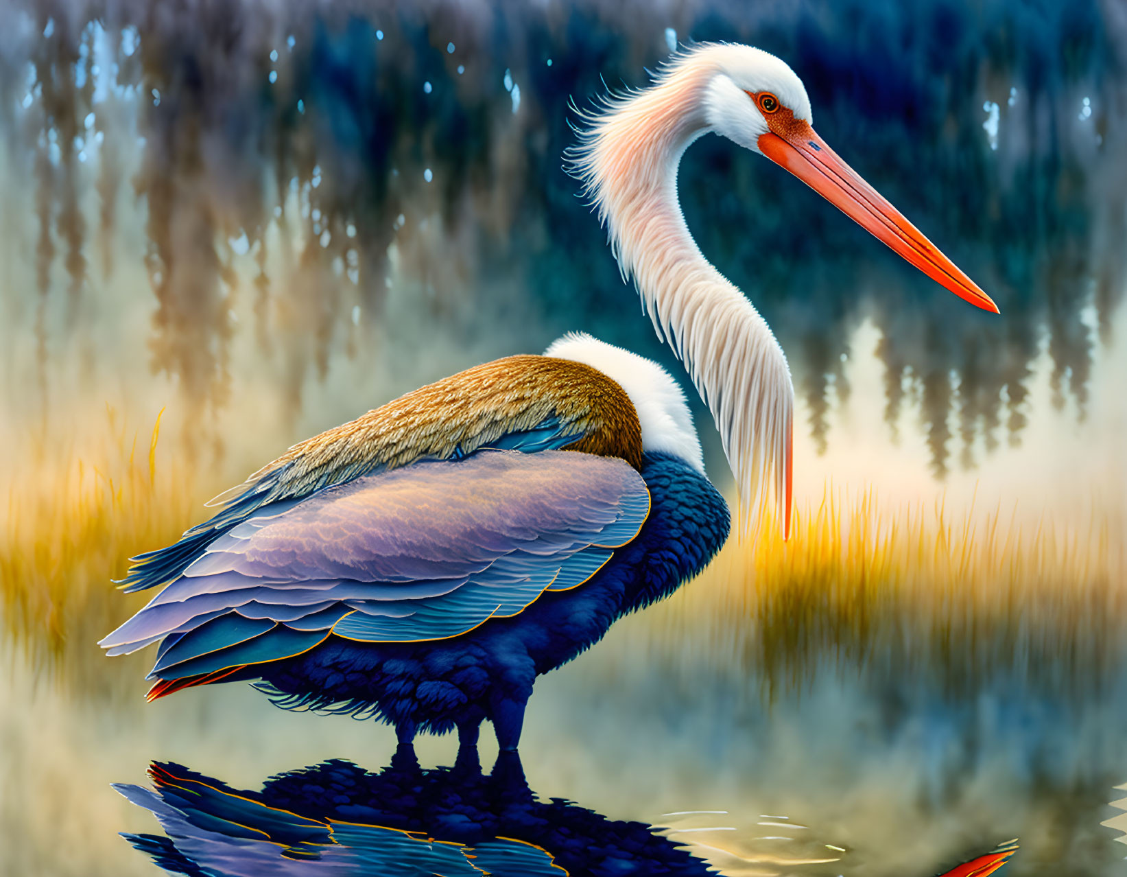 Colorful Pelican Illustration by Water with Detailed Feathers