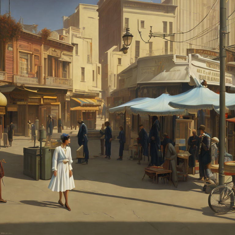 Vintage street scene with market stalls, period clothing, and bicycle on sunny day