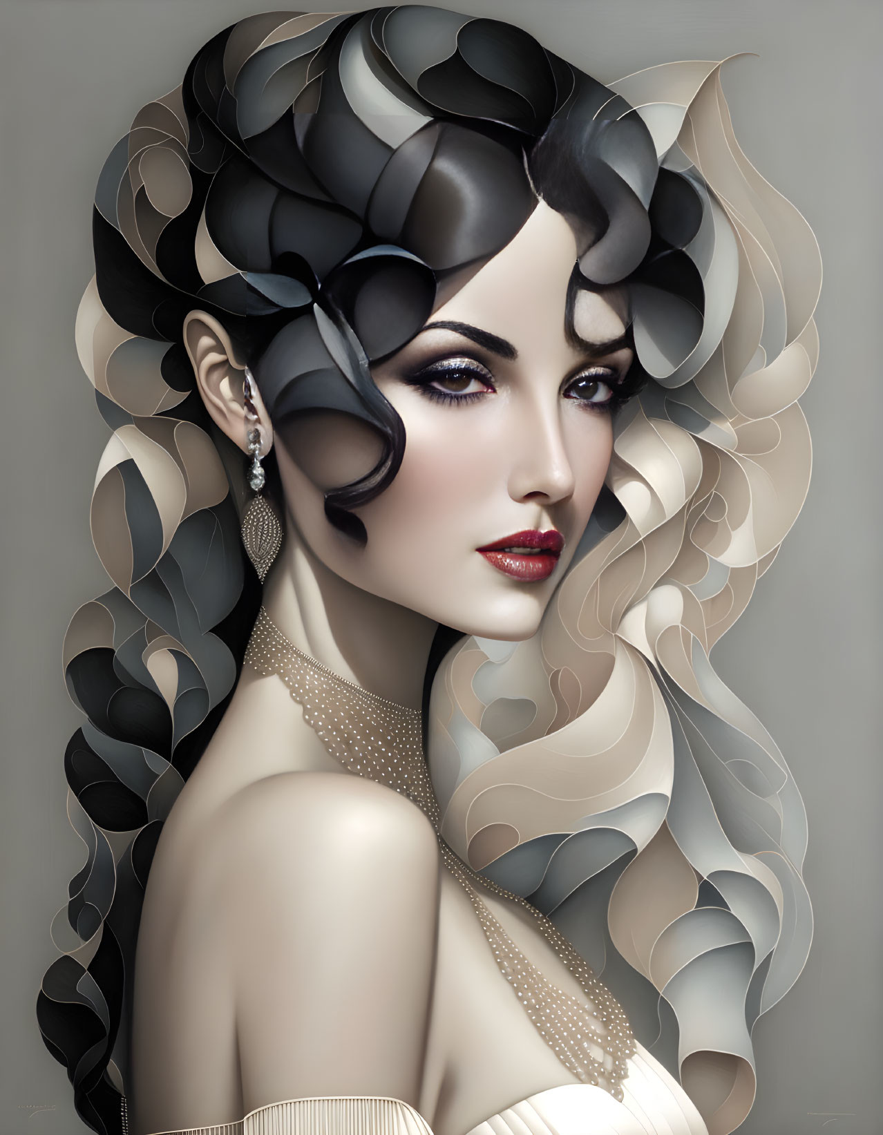 Stylized digital art portrait of woman with black and blonde hair