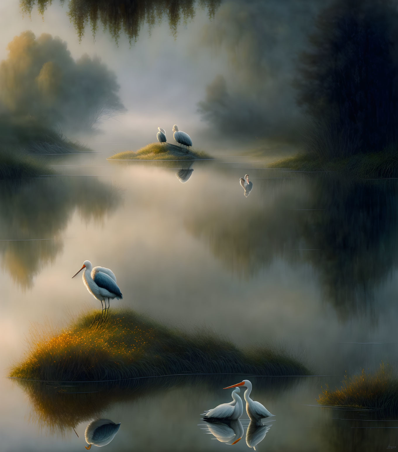 Tranquil bird-filled scene on serene water with misty tree-lined backdrop