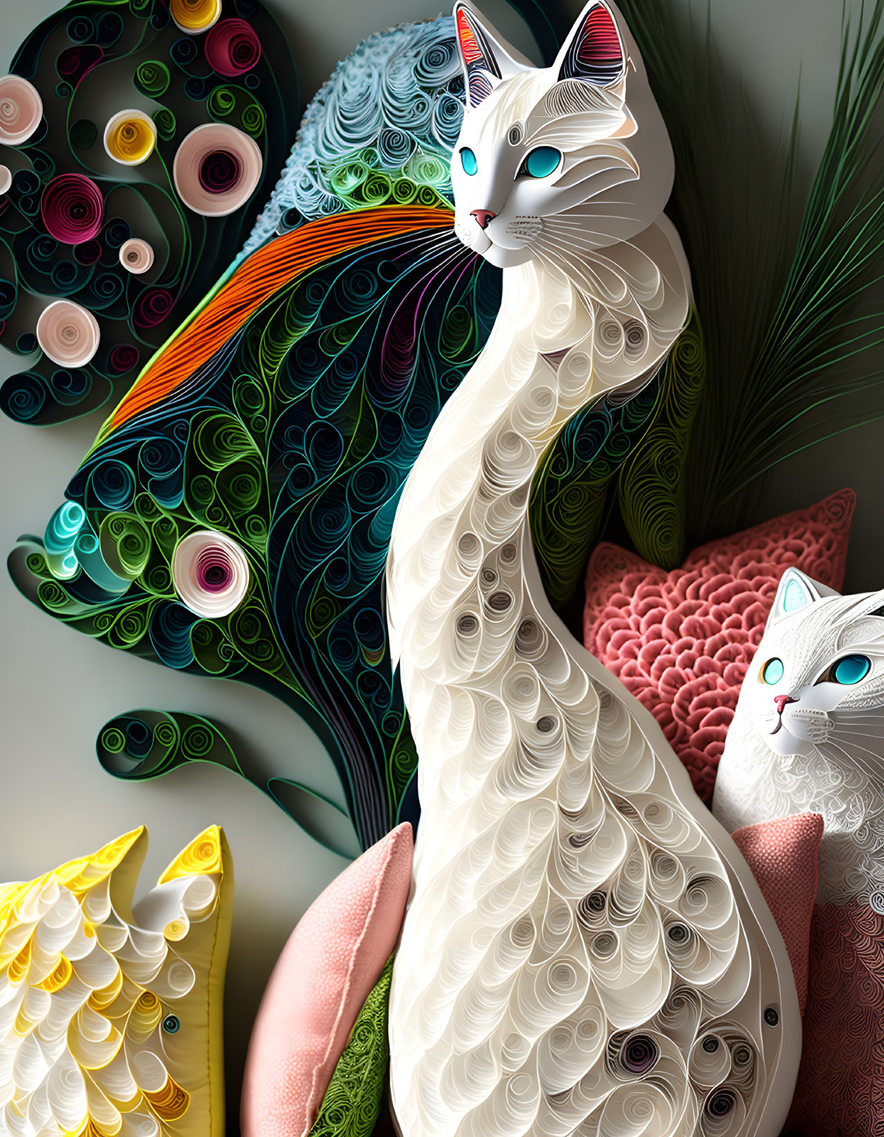 Quilled white cat with peacock tail and colorful paper rolls in art scene