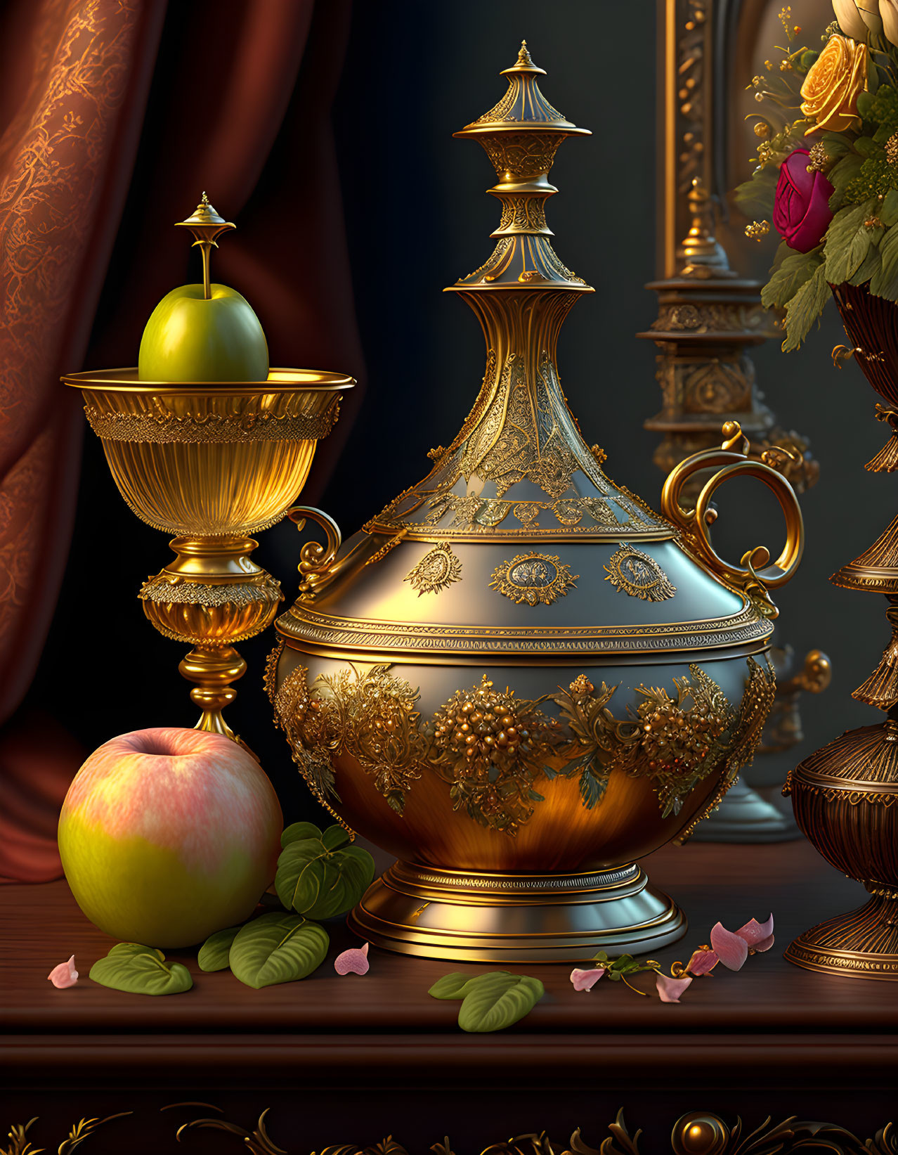 Golden urn with intricate designs, goblet, apple, and flowers on dark background