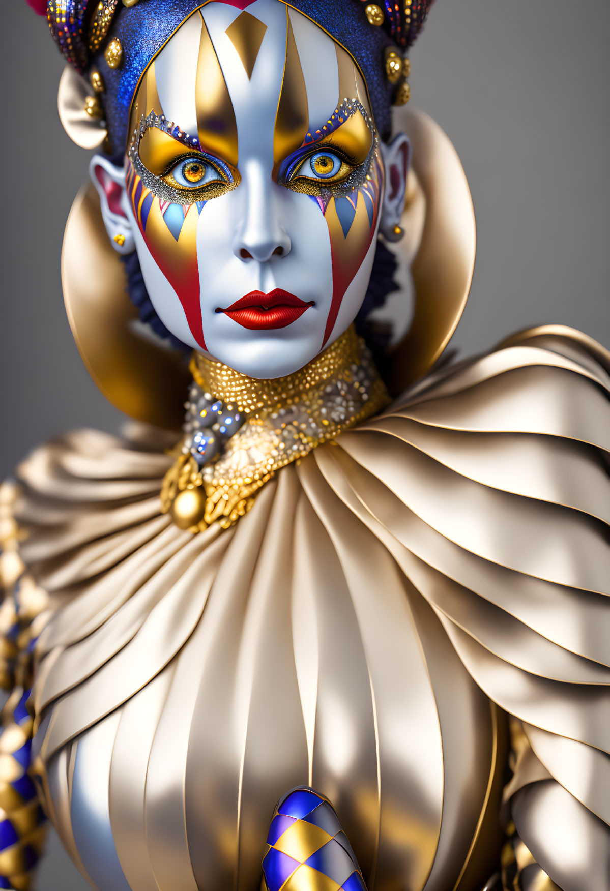 Elaborate blue and white face paint with golden headpiece and collar