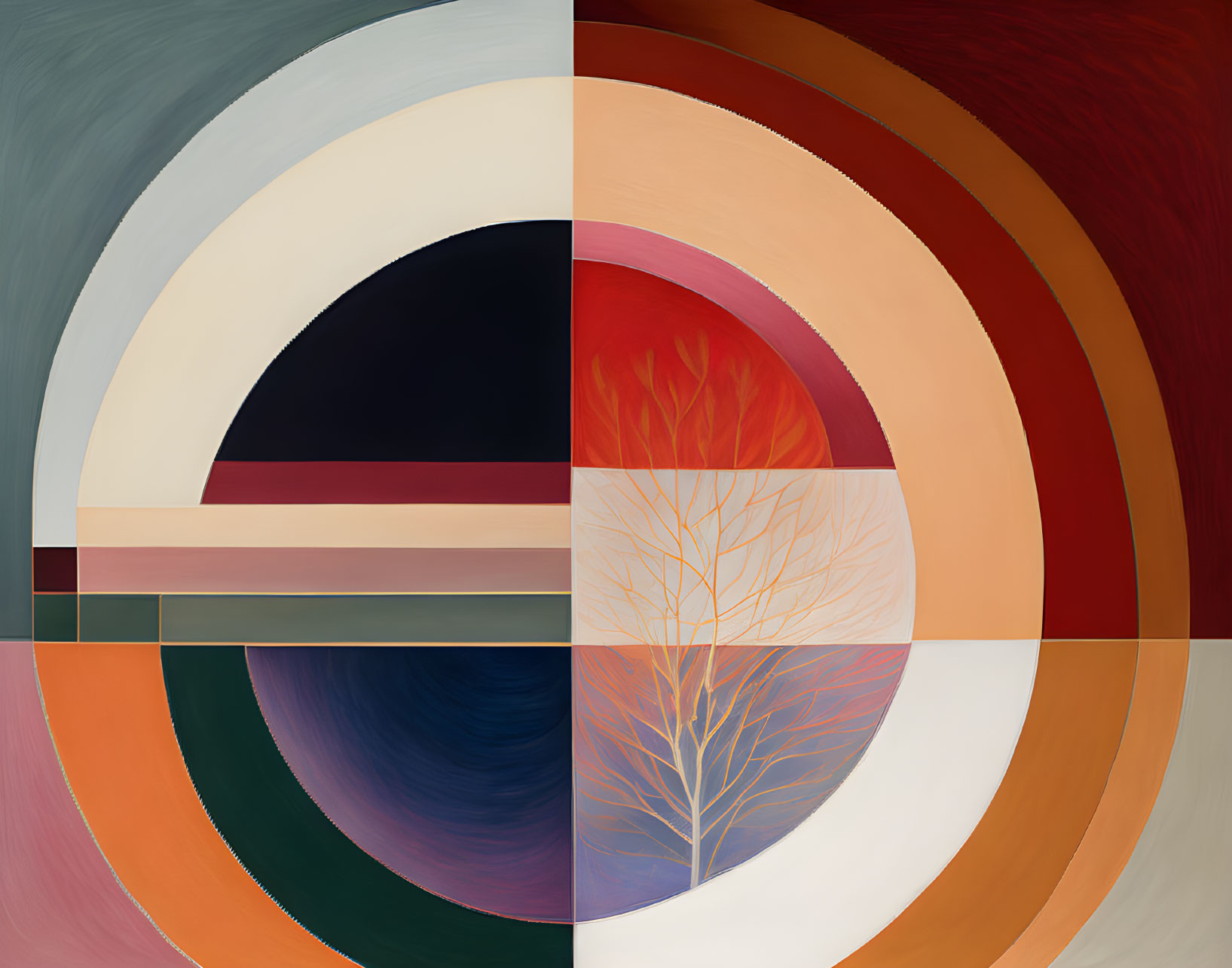 Geometric Abstract Art with Concentric Circles and Solitary Tree