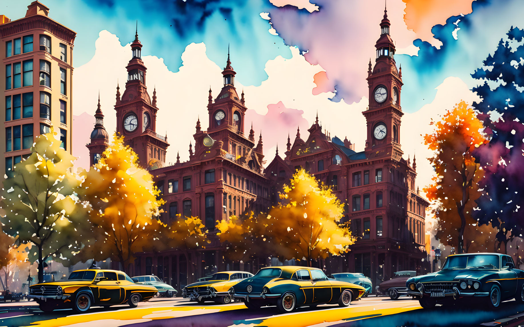 Detailed vintage car cityscape with clock-towered building and autumn trees.