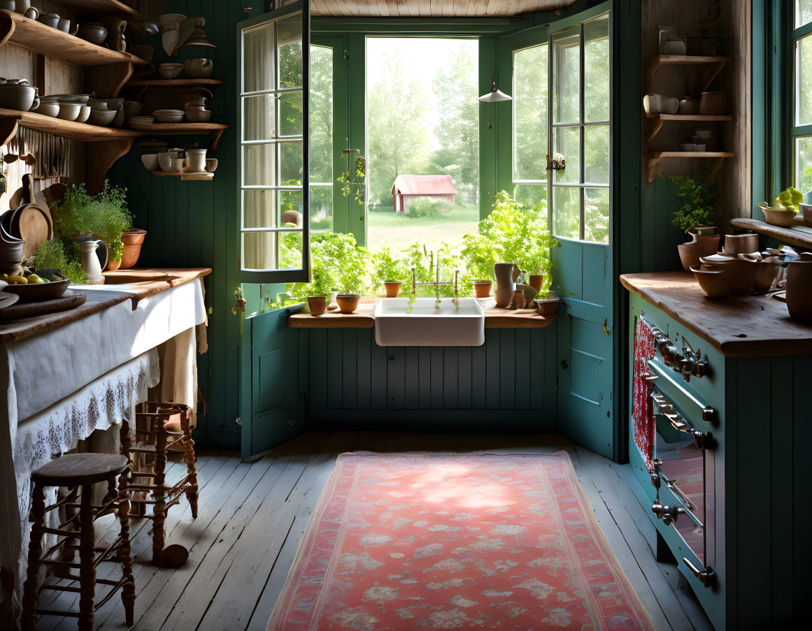 Vintage kitchen with green wooden cabinets, farmhouse sink, herb plants, rustic stool, and red rug