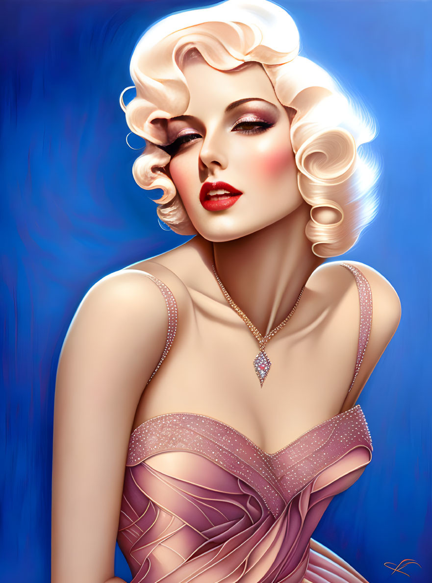 Platinum Blonde Woman in Vintage Makeup and Sparkling Dress