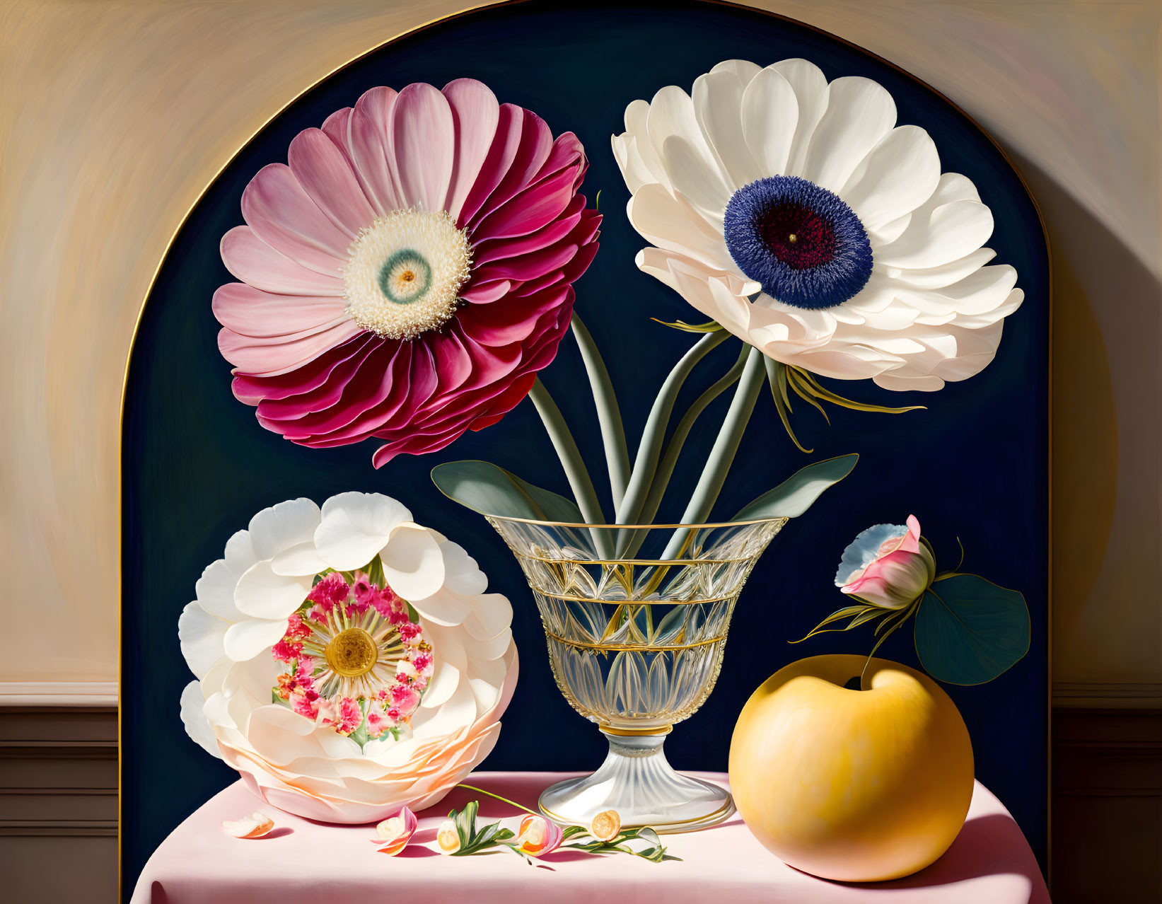 Vivid Oversized Flowers and Yellow Apple Still-Life Painting