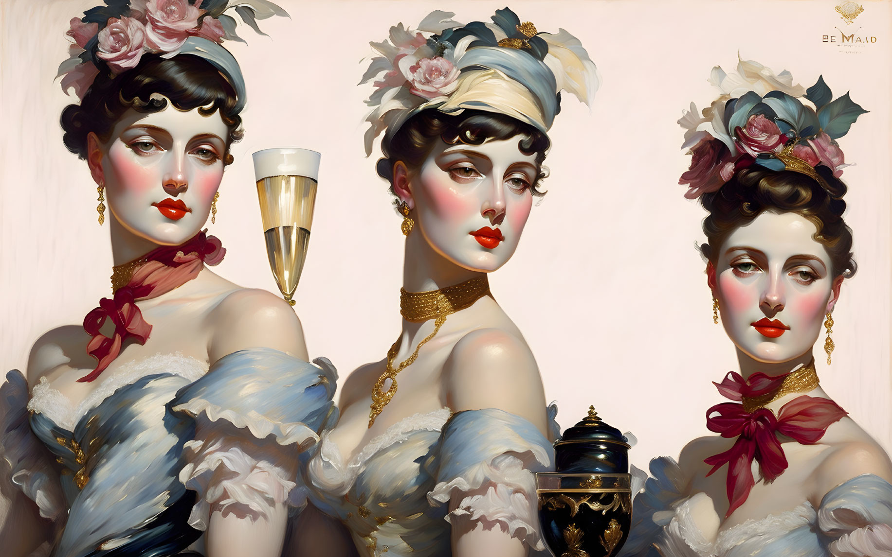 Stylized female portraits with vintage hairstyles and blue dresses holding champagne flute and teapot