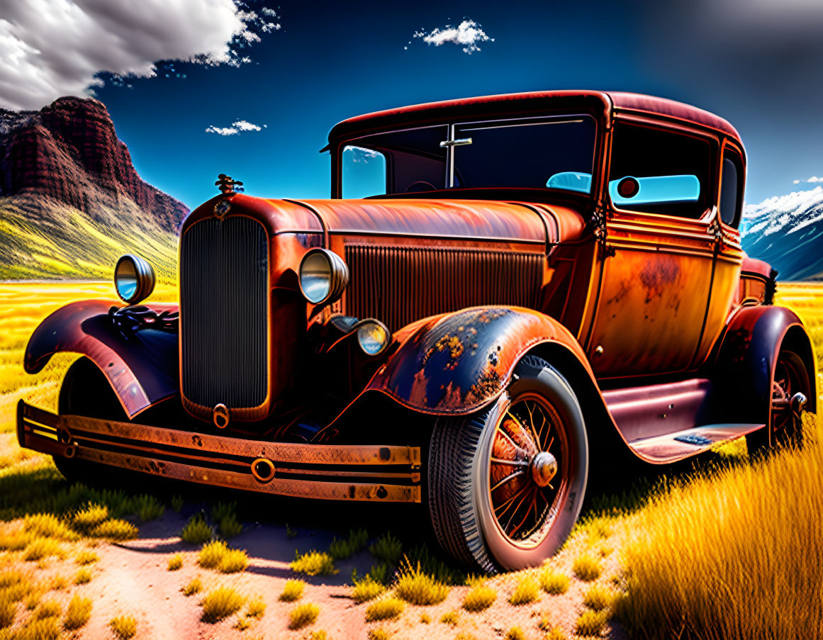 Rusty vintage car in grassy field with mountains and blue sky