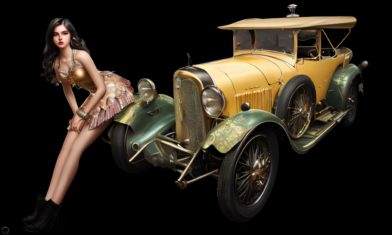 Vintage Outfit Woman Poses by Classic Yellow Car on Black Background