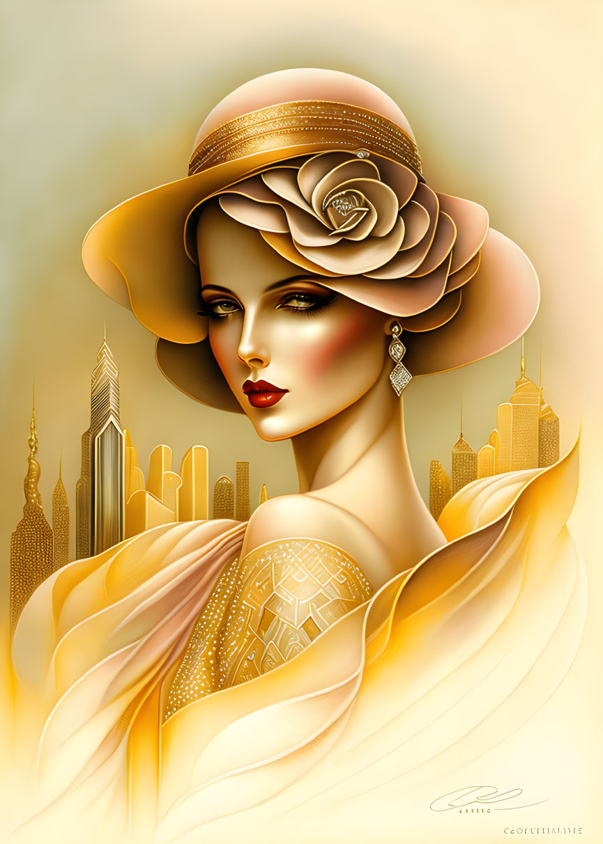 Vintage style woman illustration with wide-brimmed hat and rose against art deco skyscrapers.