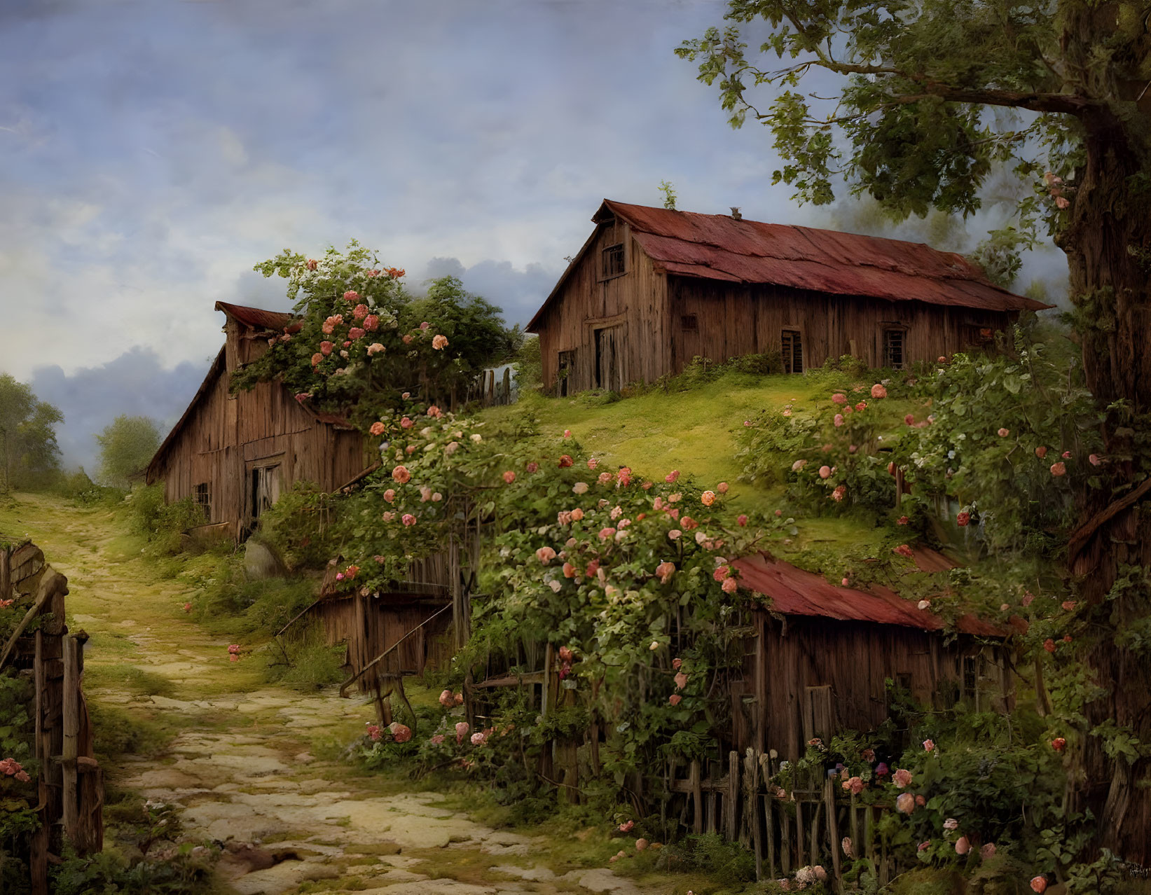 Serene landscape with rustic wooden cabins and blooming rose bushes