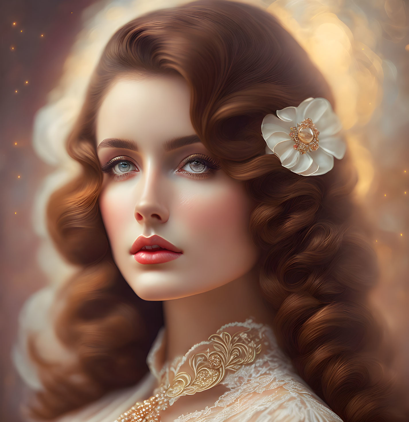 Portrait of woman with curly hair, white flower, and lace collar in warm light