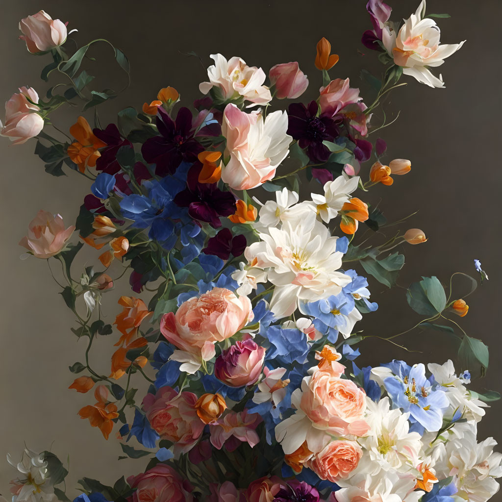 Multicolored Flower Bouquet with Various Blossoms on Muted Background