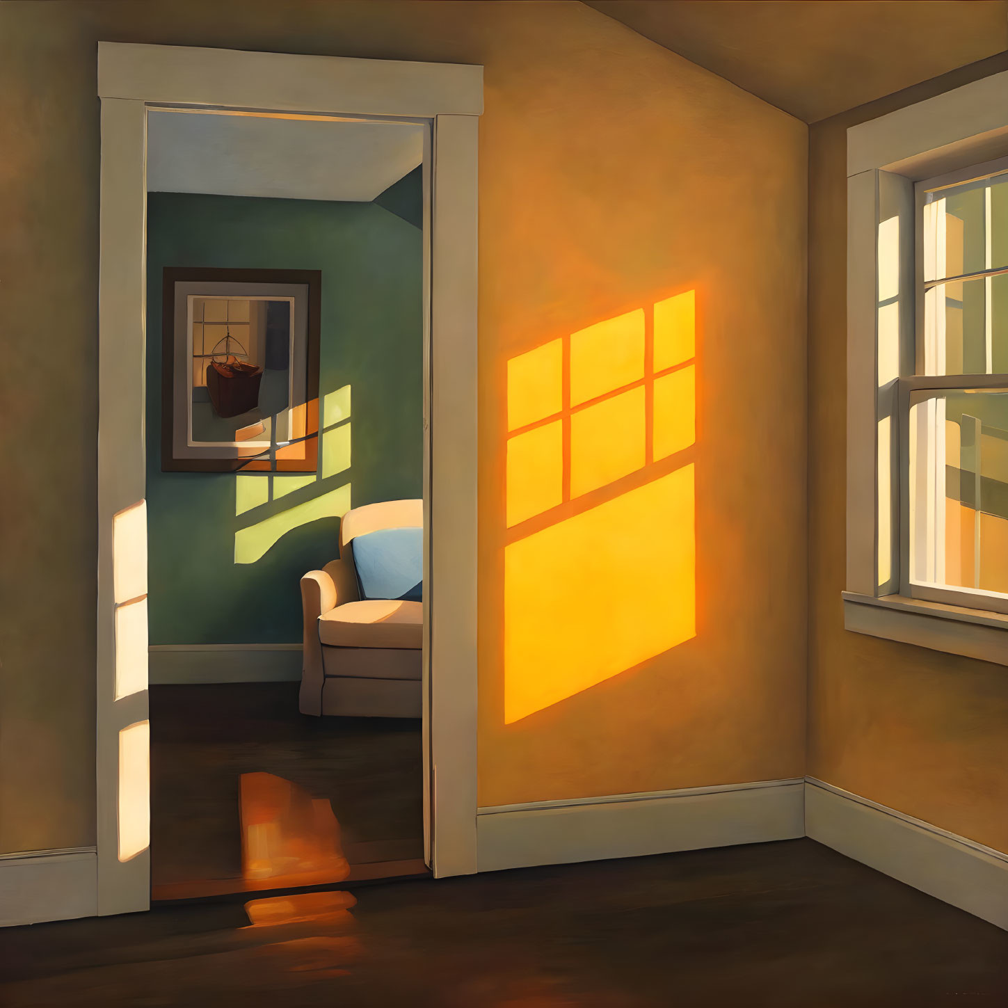 Warmly lit sunset room with blue armchair and painting