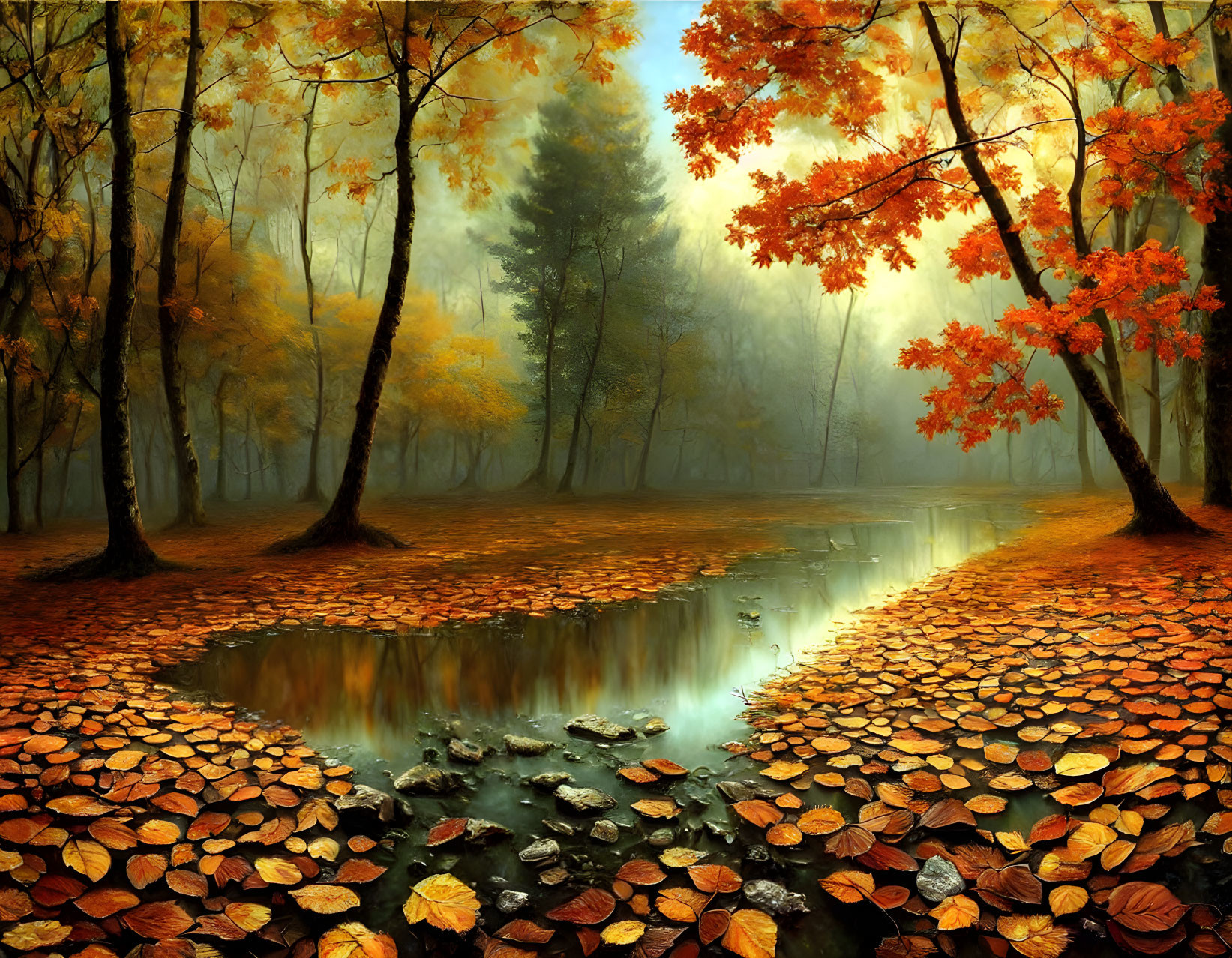 Tranquil autumn forest with misty stream and vibrant foliage