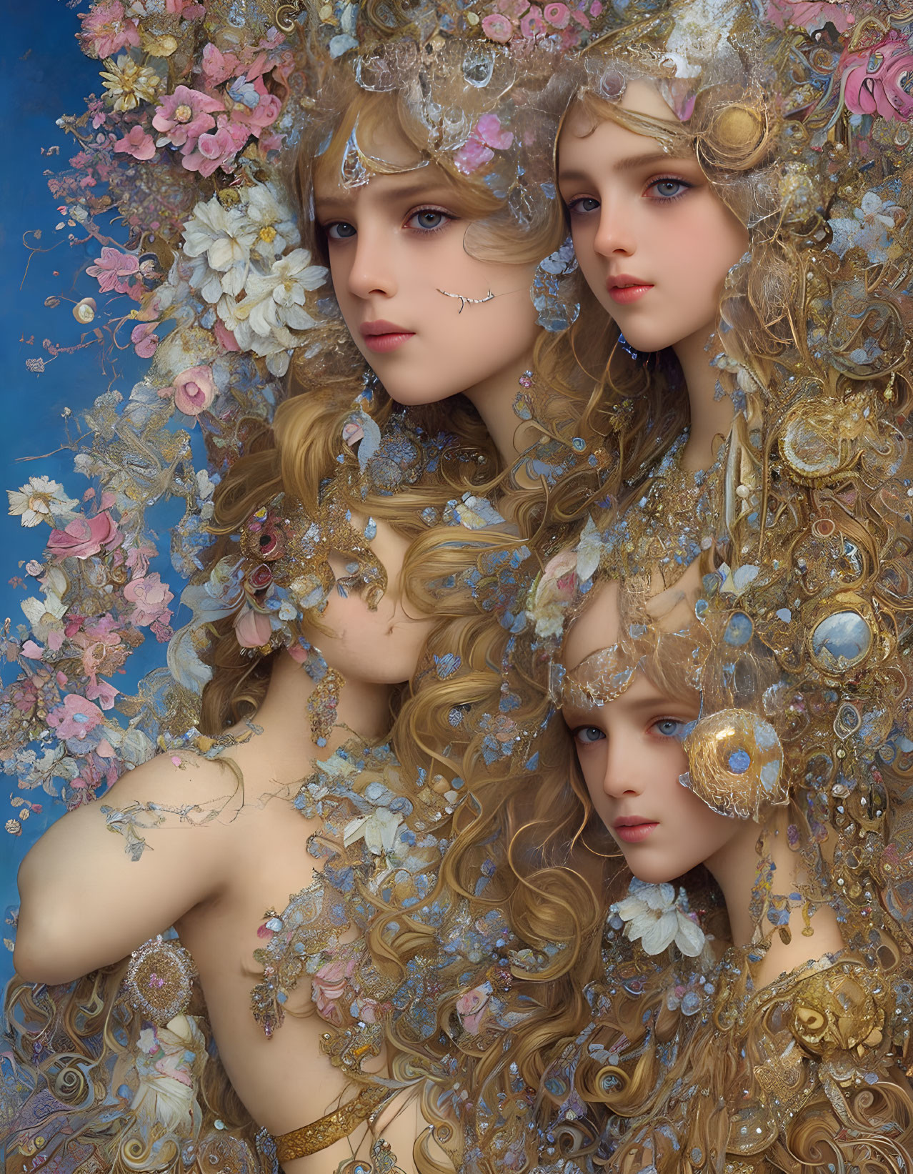 Ethereal figures with golden floral headpieces on blue background