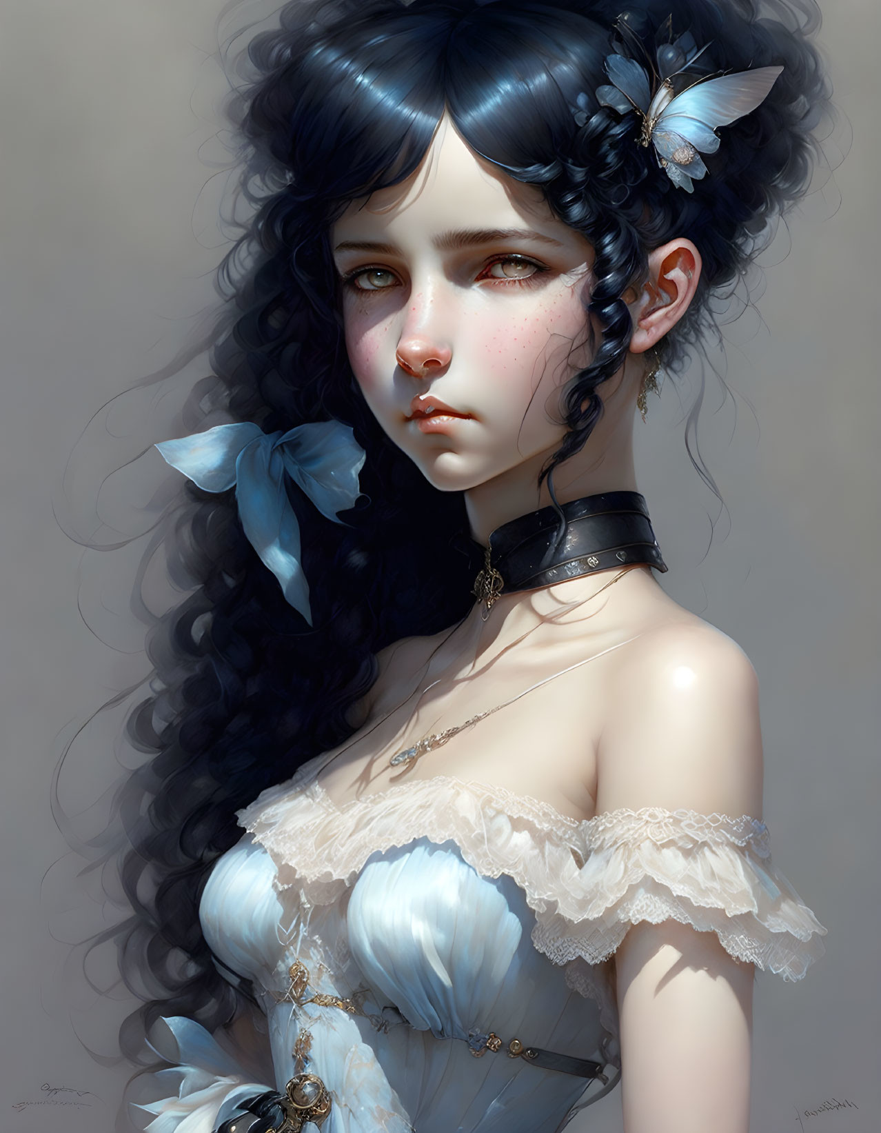 Dark Curly-Haired Girl in Blue Bows and Lace Dress Portrait