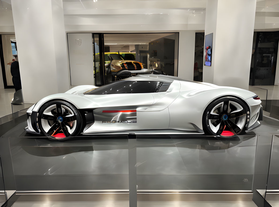 White Concept Sports Car with Black and Blue Accents in Showroom Display