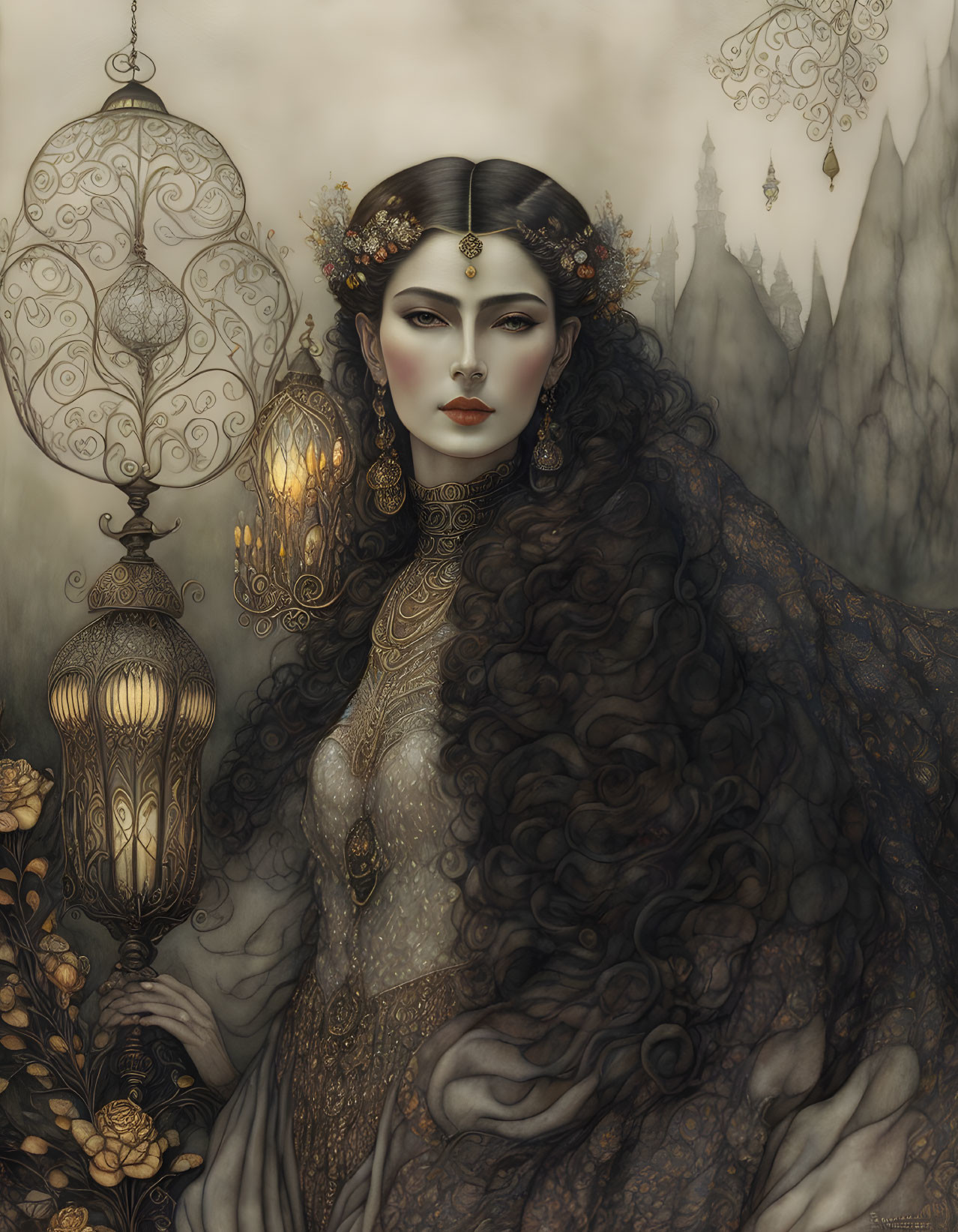 Intricate jewelry and headdress on woman amidst ornate lanterns and misty mountains