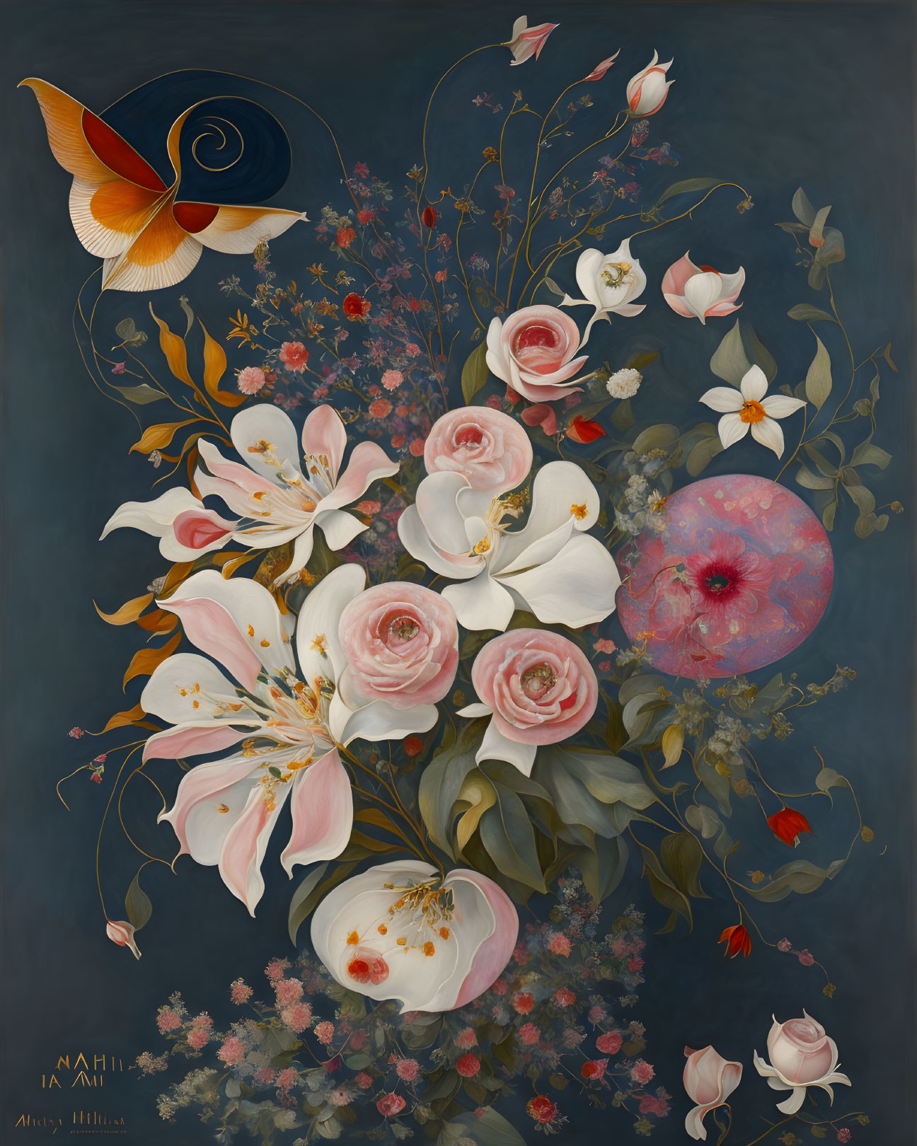 Detailed painting of white and pink flower bouquet with butterfly on dark background