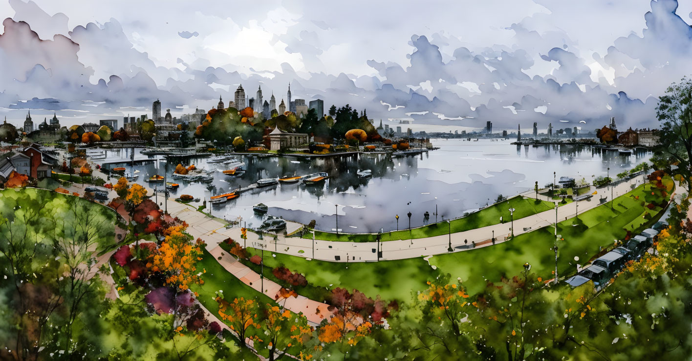 Autumnal city park watercolor with skyline, river, and people