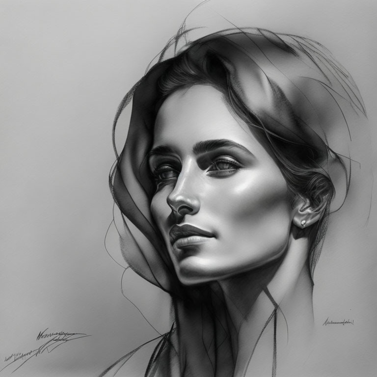 Monochromatic sketch of elegant woman profile with flowing lines and gentle shading