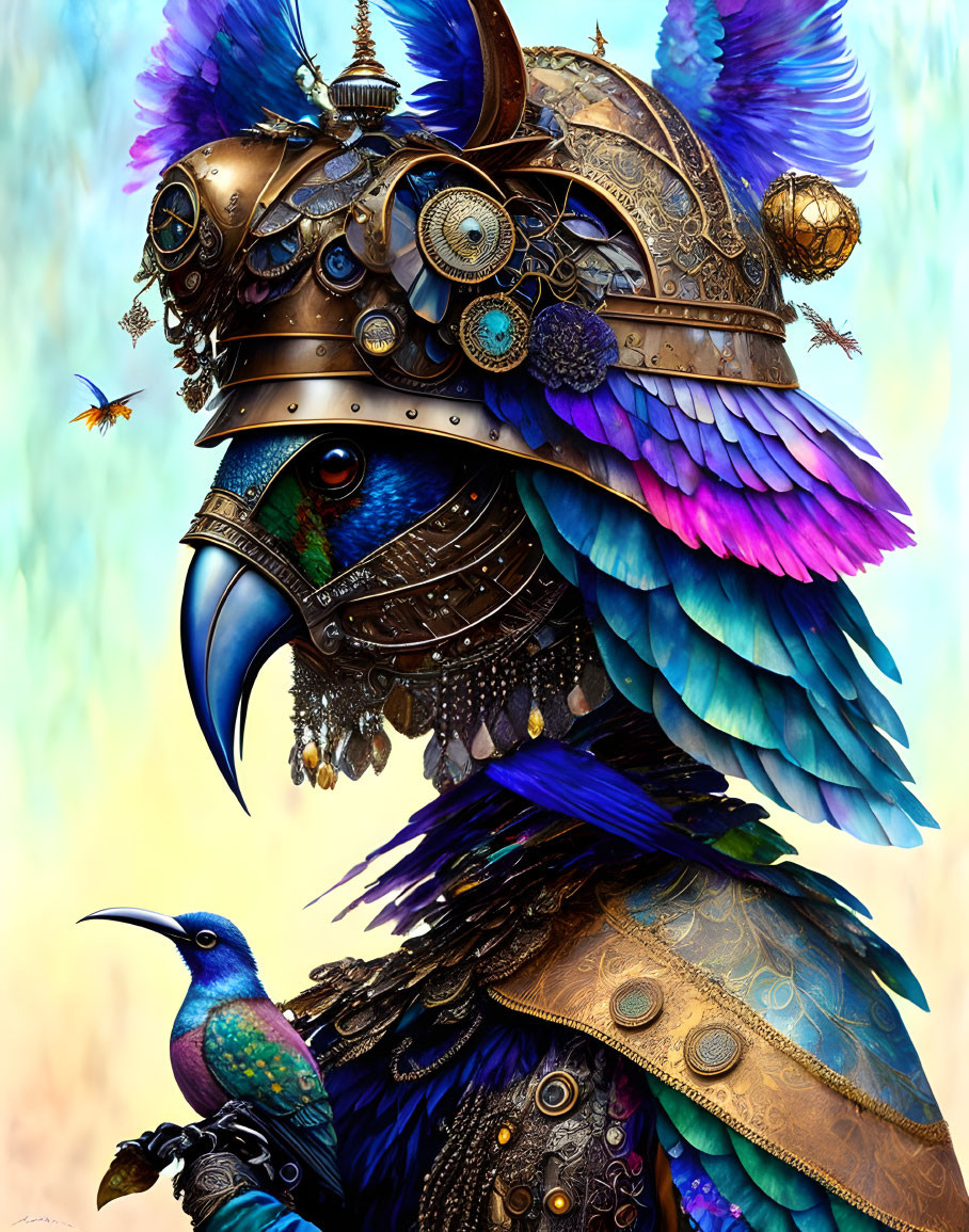 Steampunk-style bird with mechanical armor on pastel background