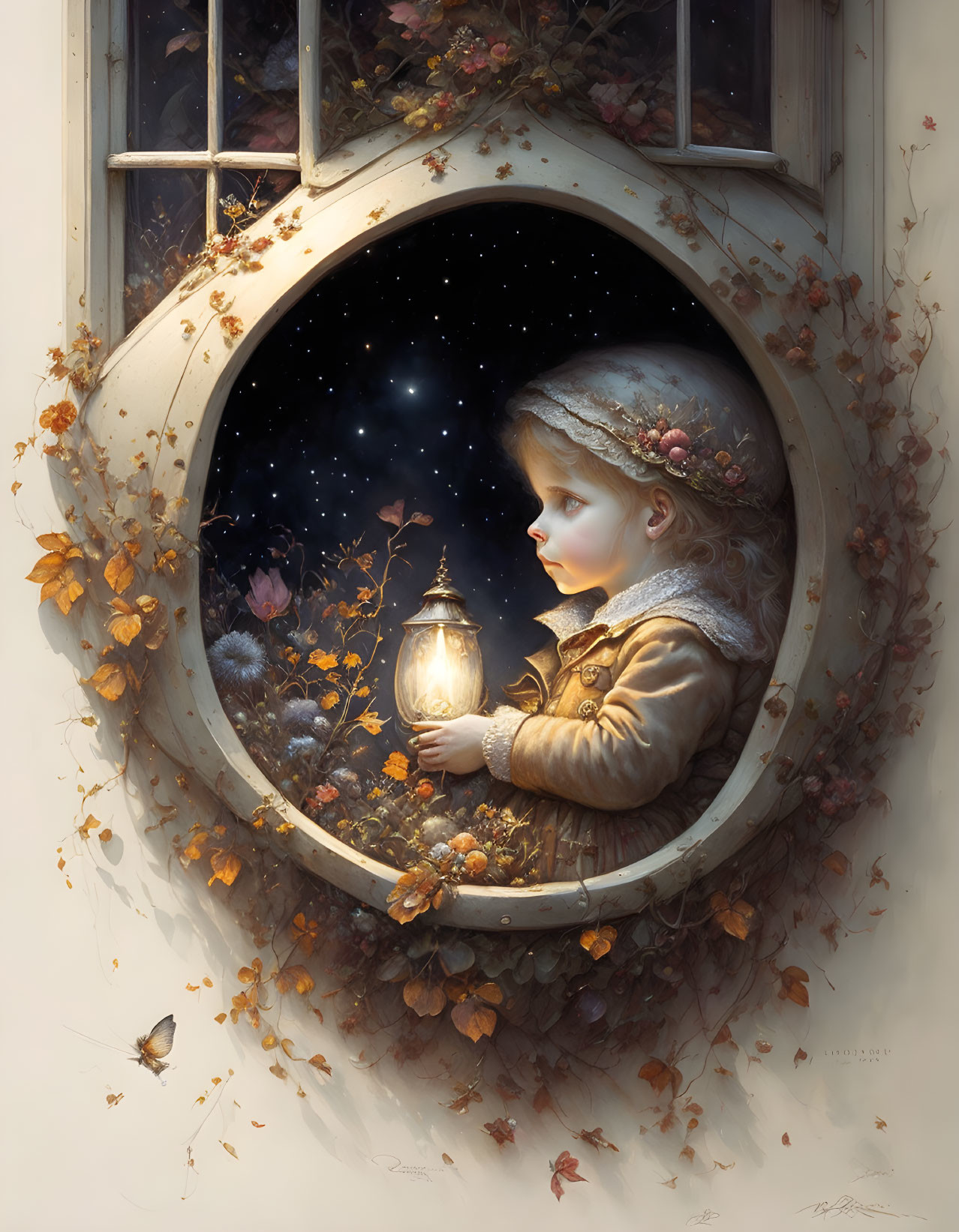 Child looking out round window at starry night holding lantern with ivy, leaves, and butterfly.