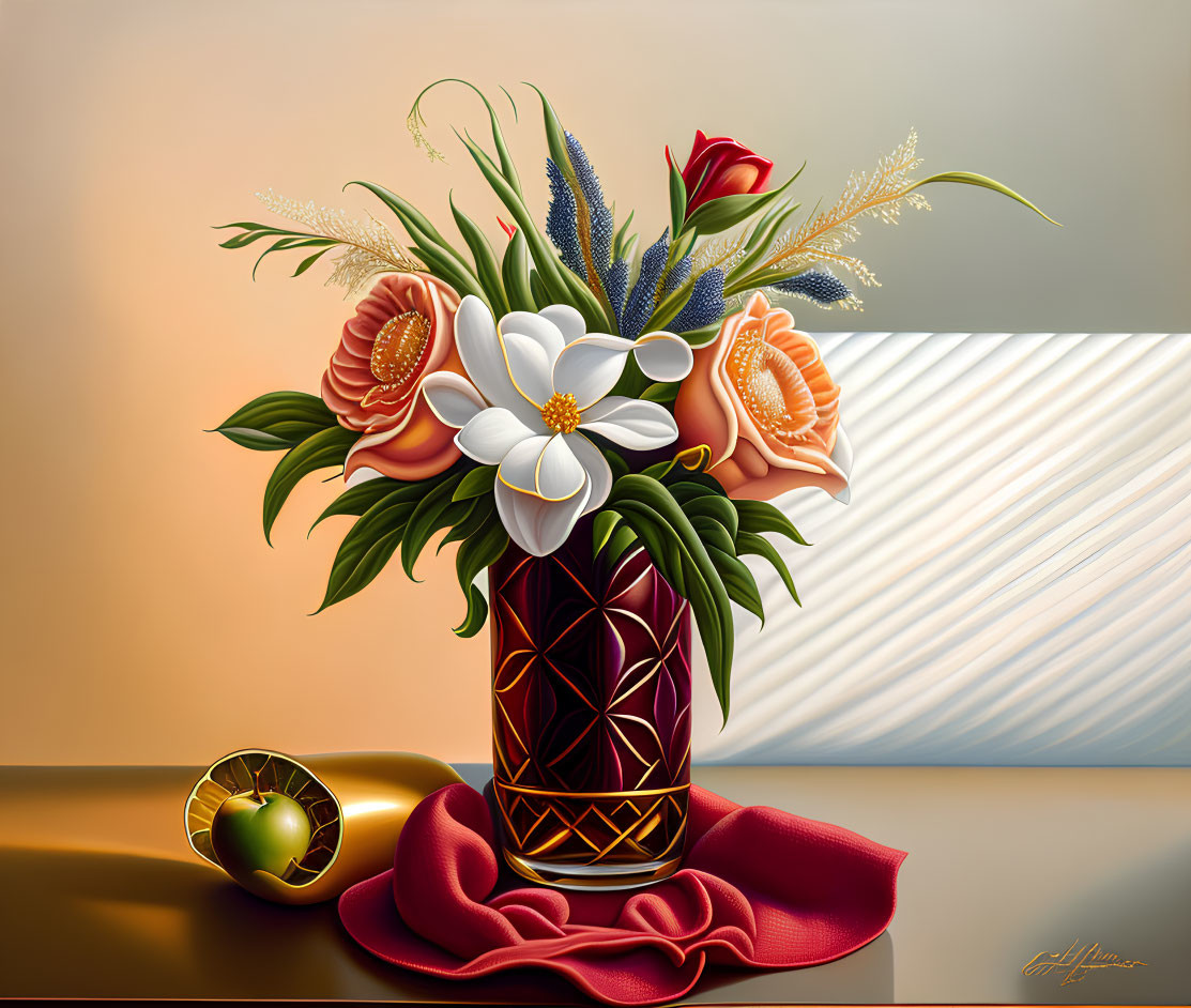 Colorful bouquet with lilies and orange flowers in red vase, green apple, and fabric on reflective