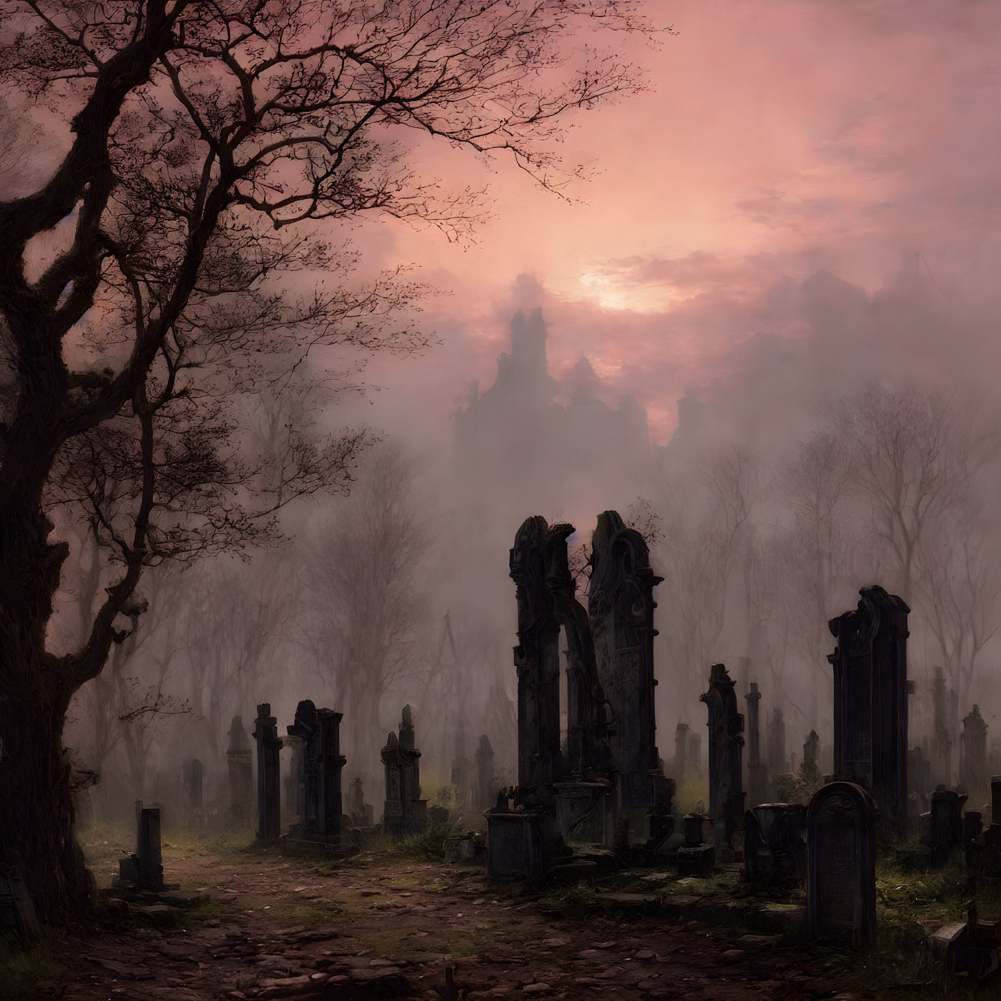 Twilight scene in old cemetery with tombstones, tree, misty backdrop