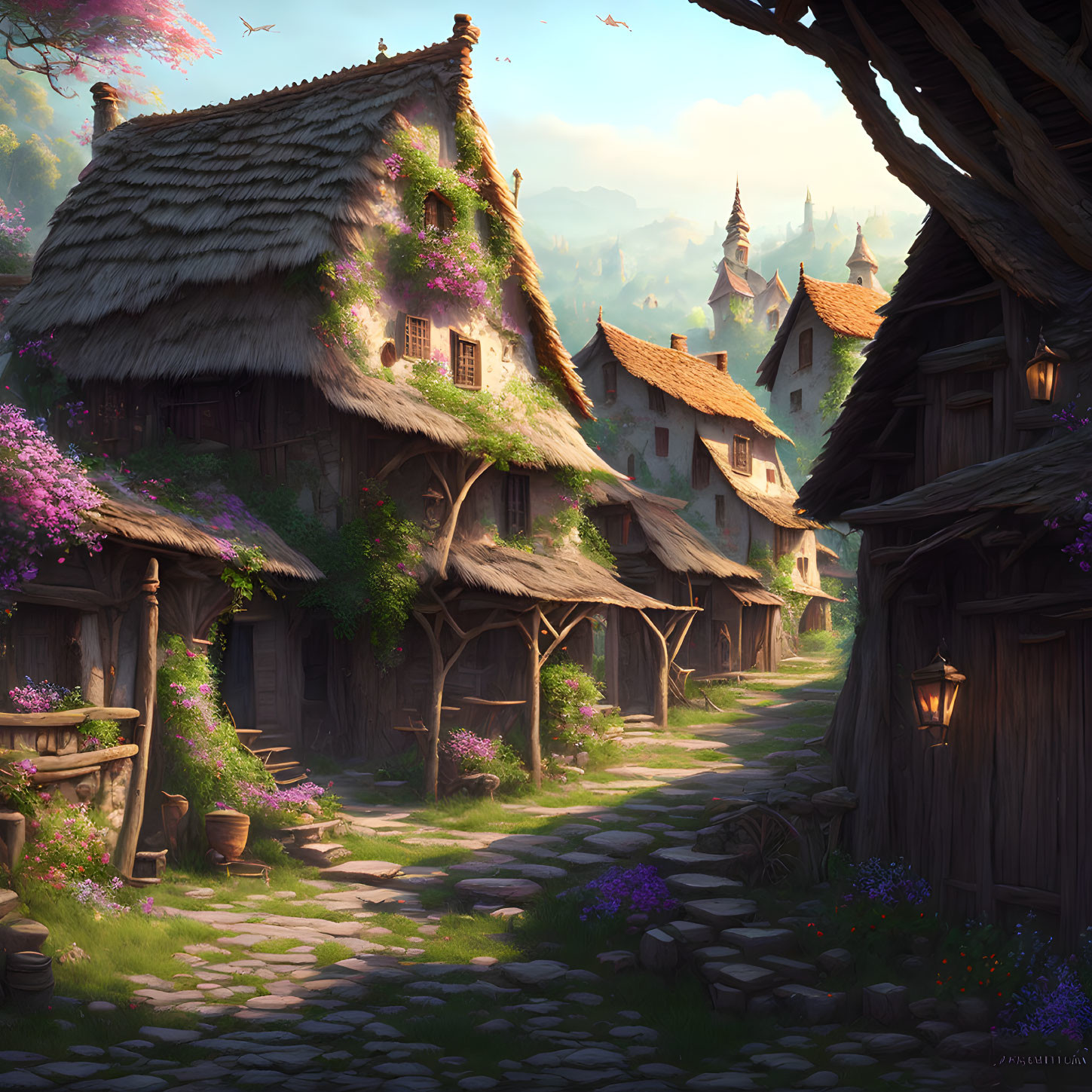 Tranquil cobblestone street with thatched-roof cottages and colorful flowers