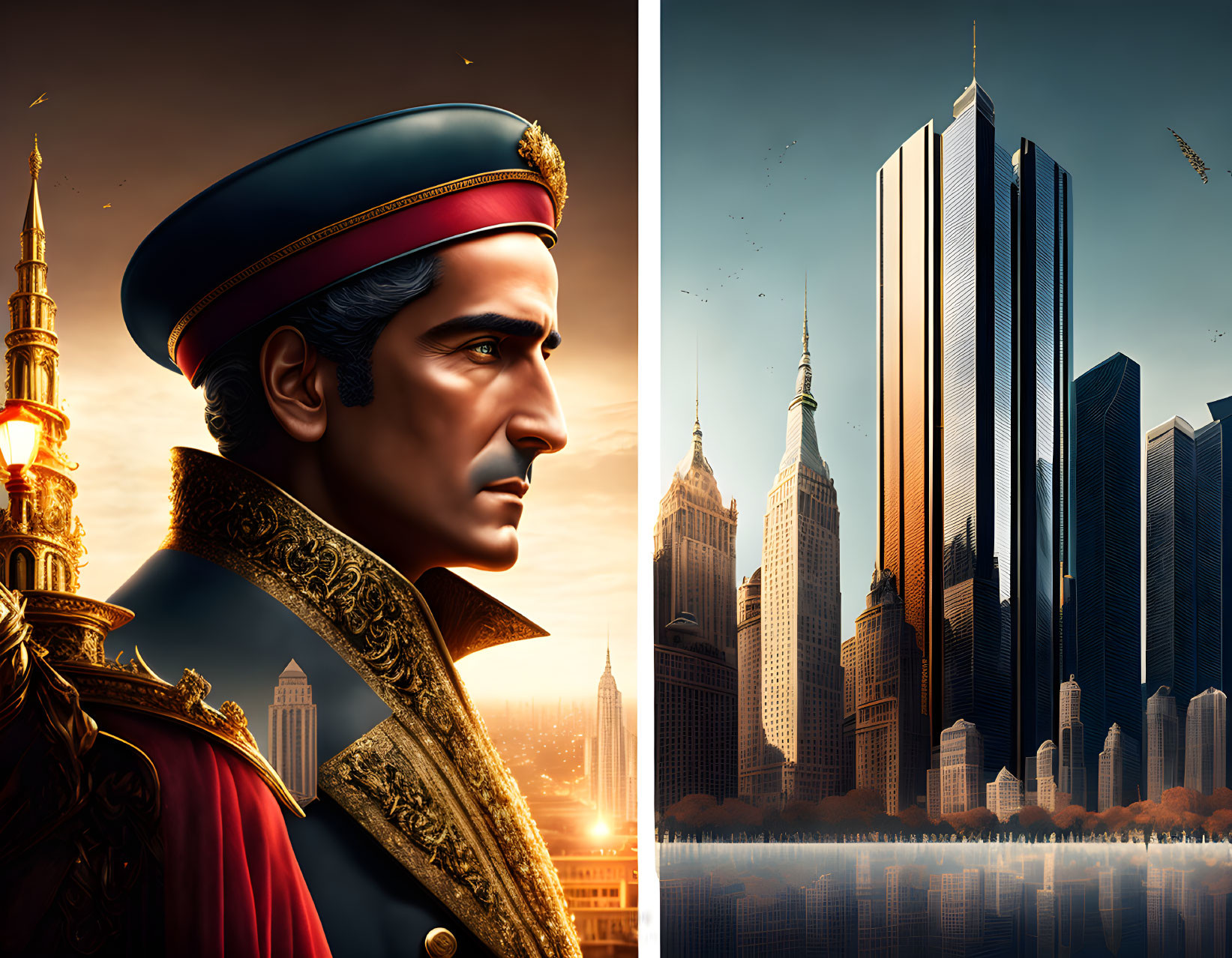 Stylized noble officer and modern city skyline in digital artwork