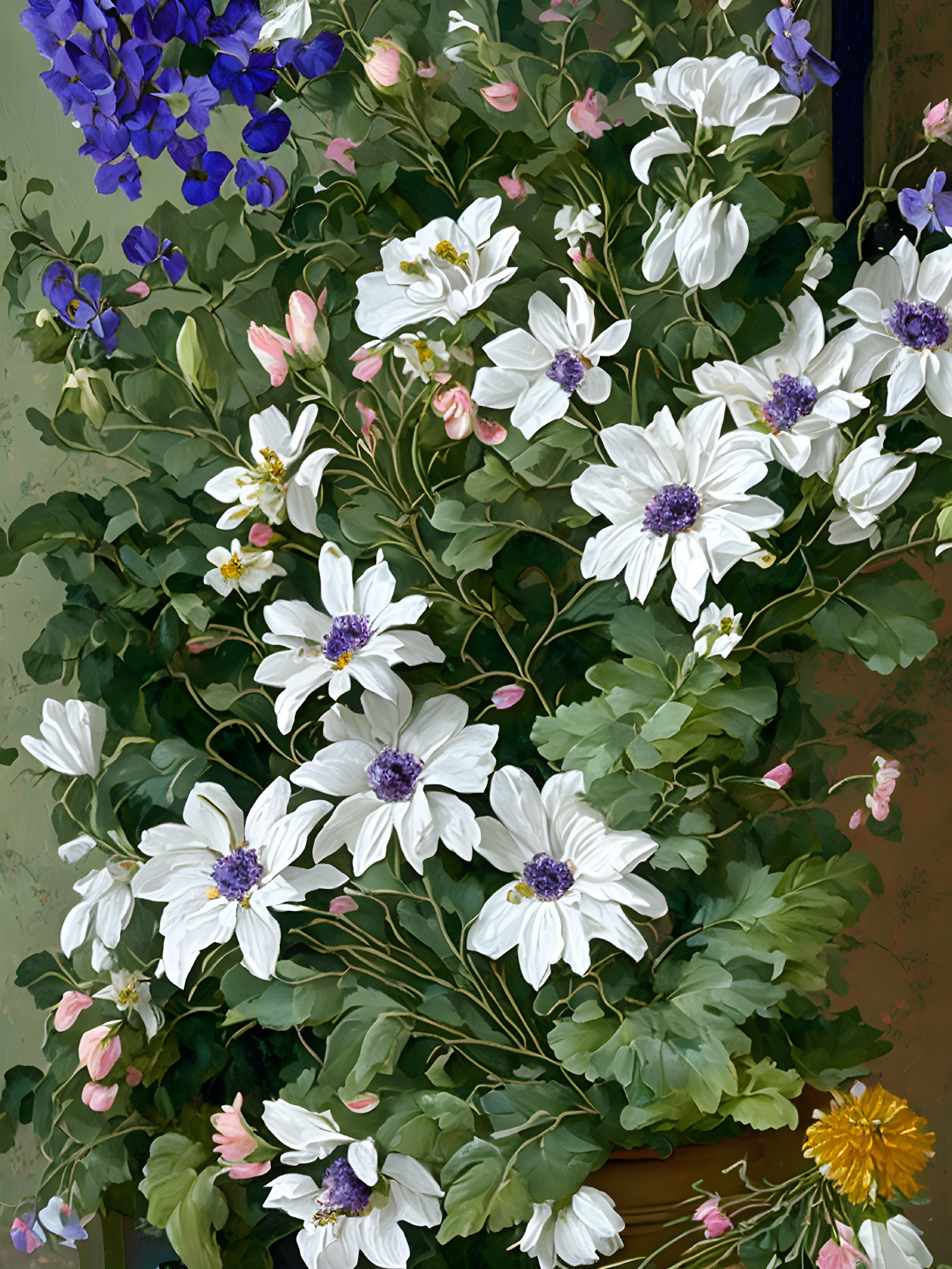 Floral painting with white, pink, purple, and blue flowers surrounded by green leaves